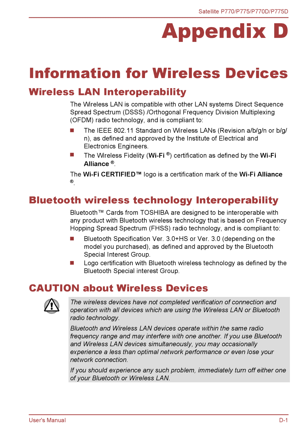 Toshiba P770 user manual Information for Wireless Devices, Wireless LAN Interoperability, Alliance 