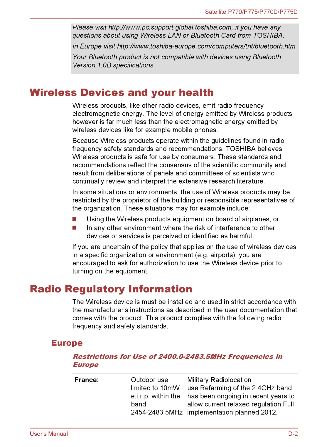 Toshiba P770 user manual Wireless Devices and your health, Radio Regulatory Information, Europe 