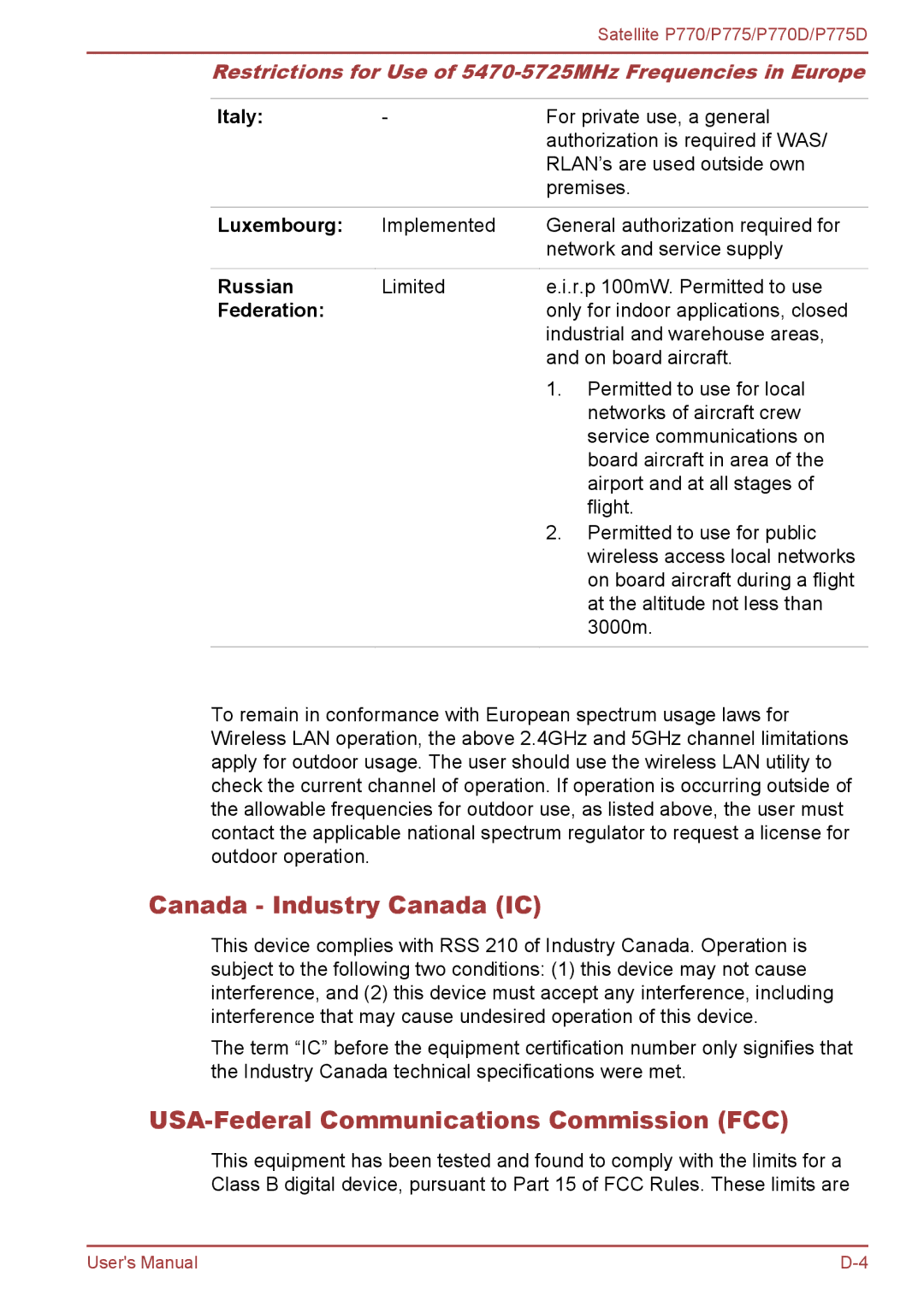 Toshiba P770 user manual Canada Industry Canada IC, USA-Federal Communications Commission FCC 