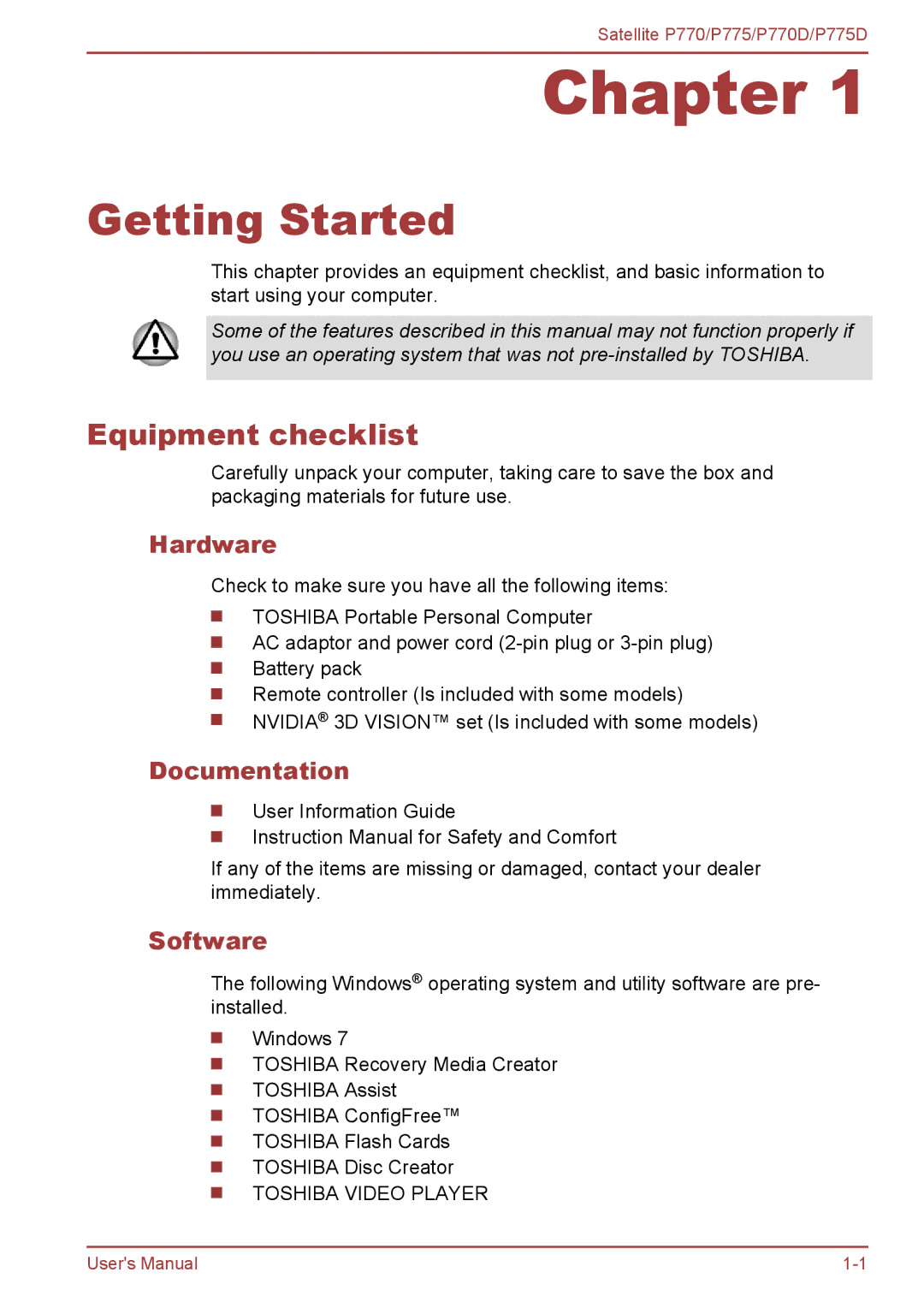 Toshiba P770 user manual Getting Started, Equipment checklist, Hardware, Documentation, Software 