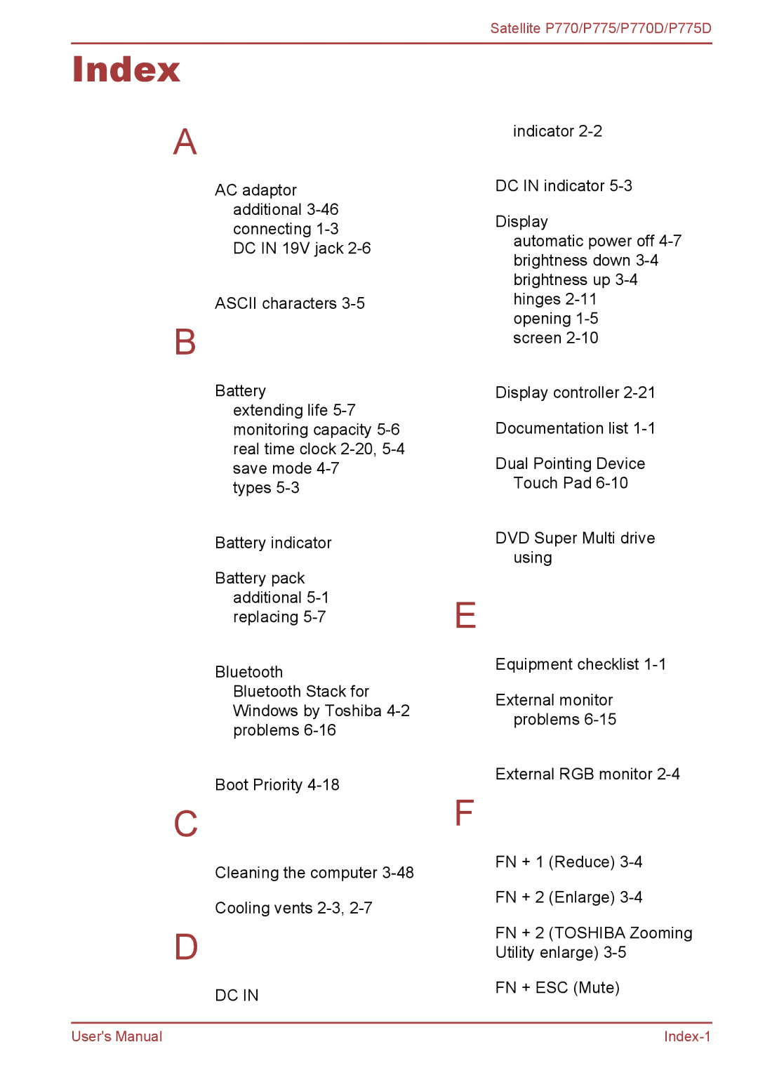 Toshiba P770 user manual Index 