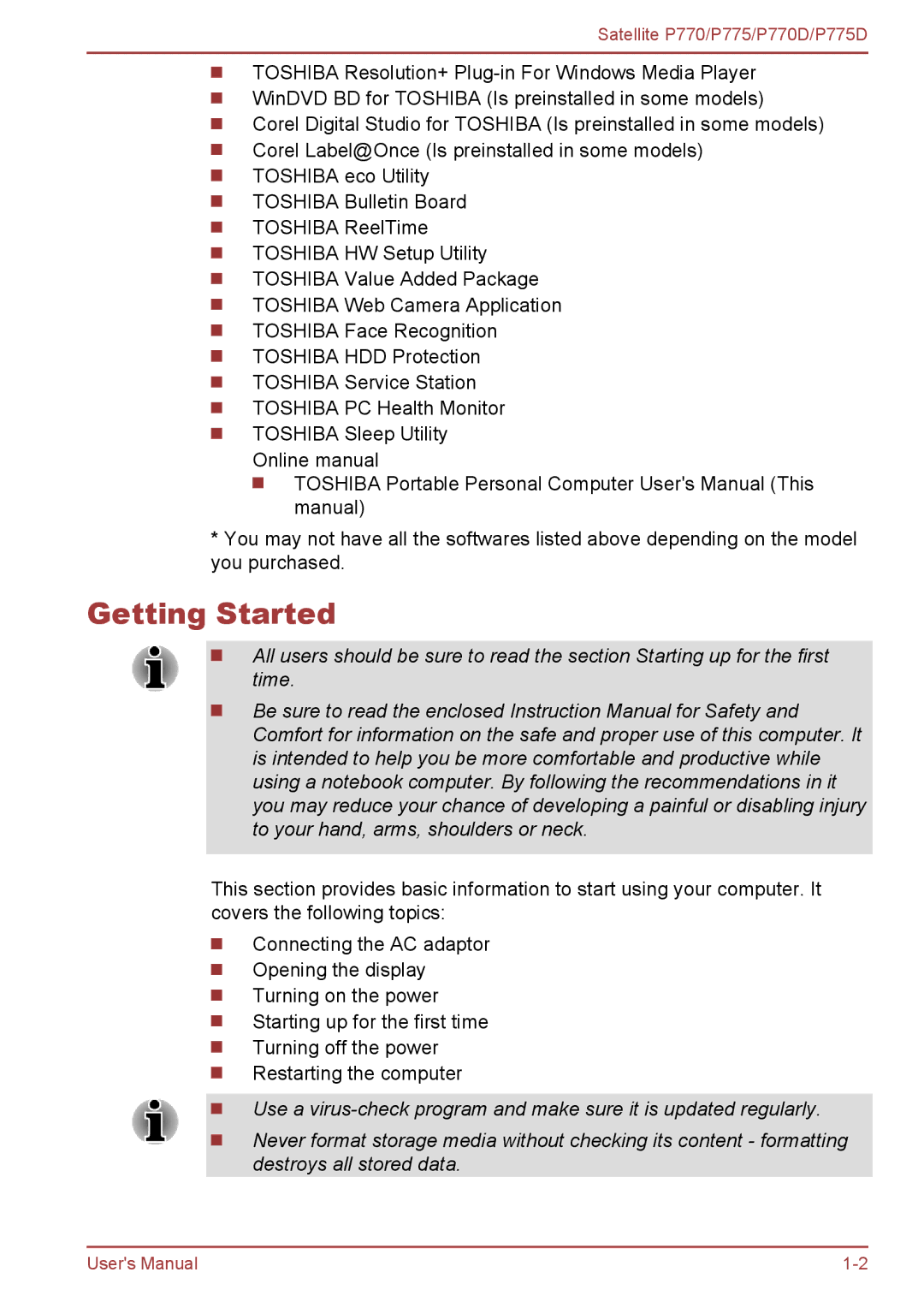 Toshiba P770 user manual Getting Started 