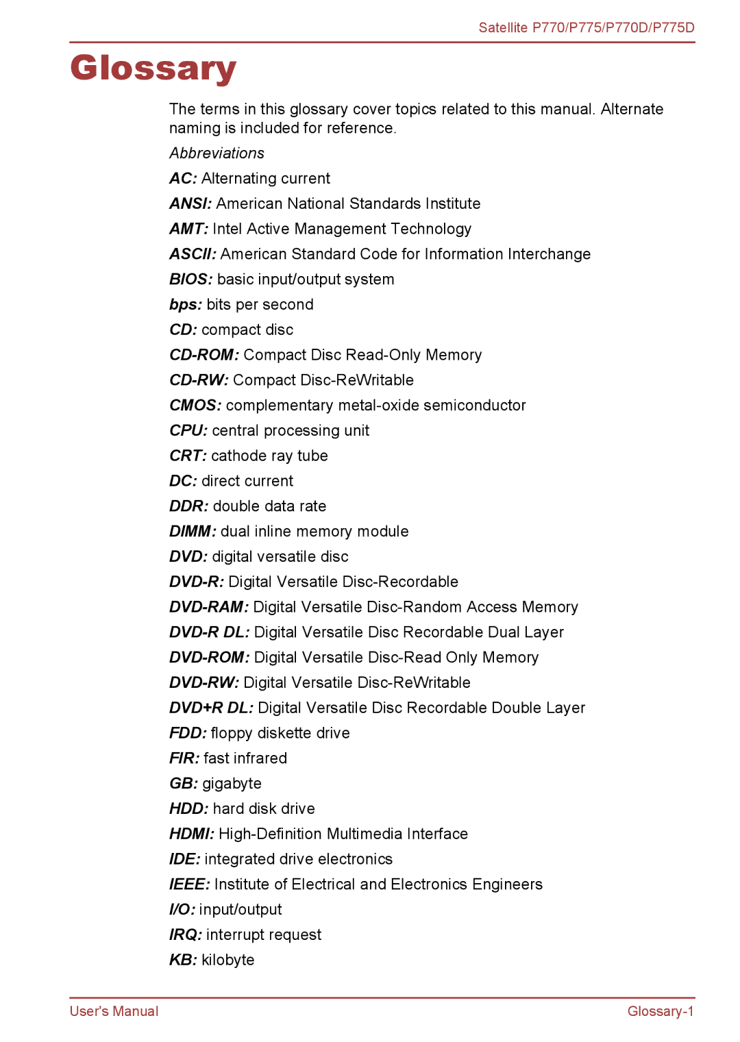 Toshiba P770 user manual Glossary, Abbreviations 