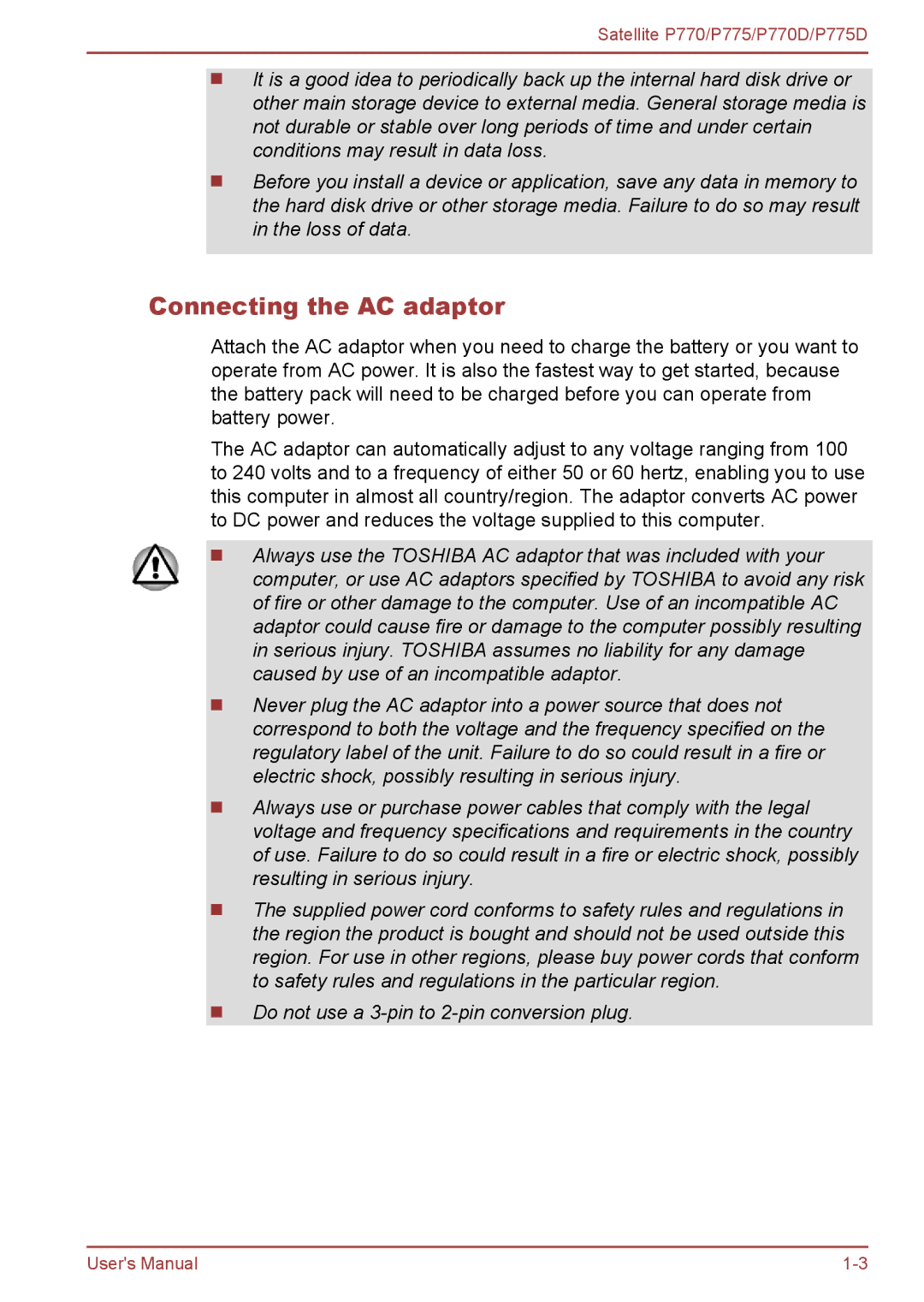 Toshiba P770 user manual Connecting the AC adaptor 