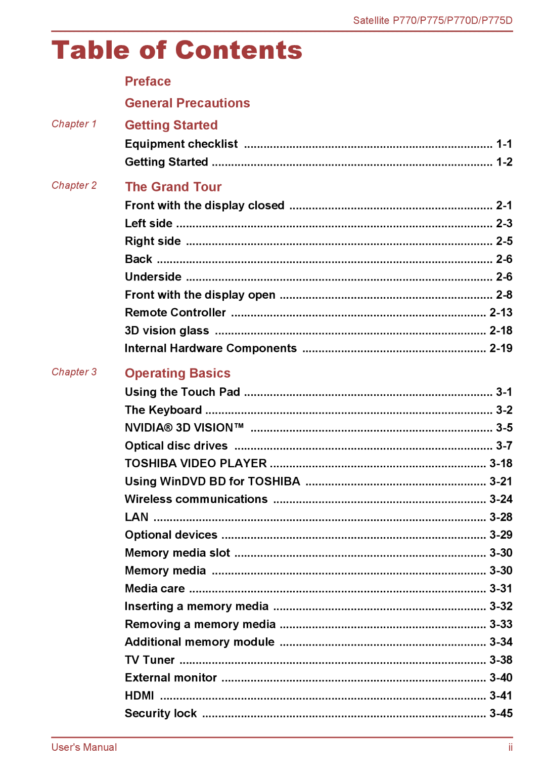 Toshiba P770 user manual Table of Contents 