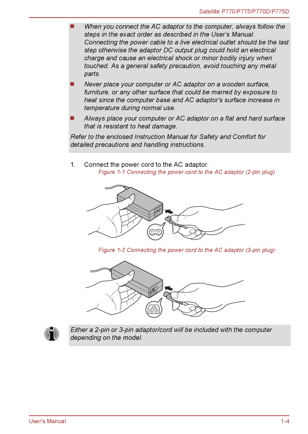 Toshiba P770 user manual Connect the power cord to the AC adaptor 