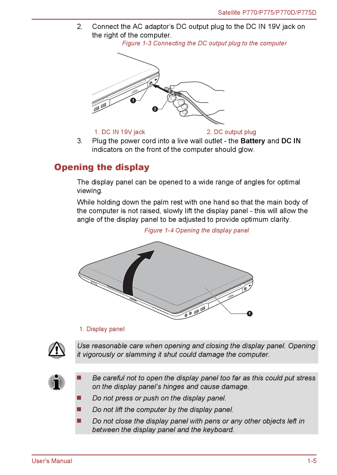 Toshiba P770 user manual Opening the display, Connecting the DC output plug to the computer 