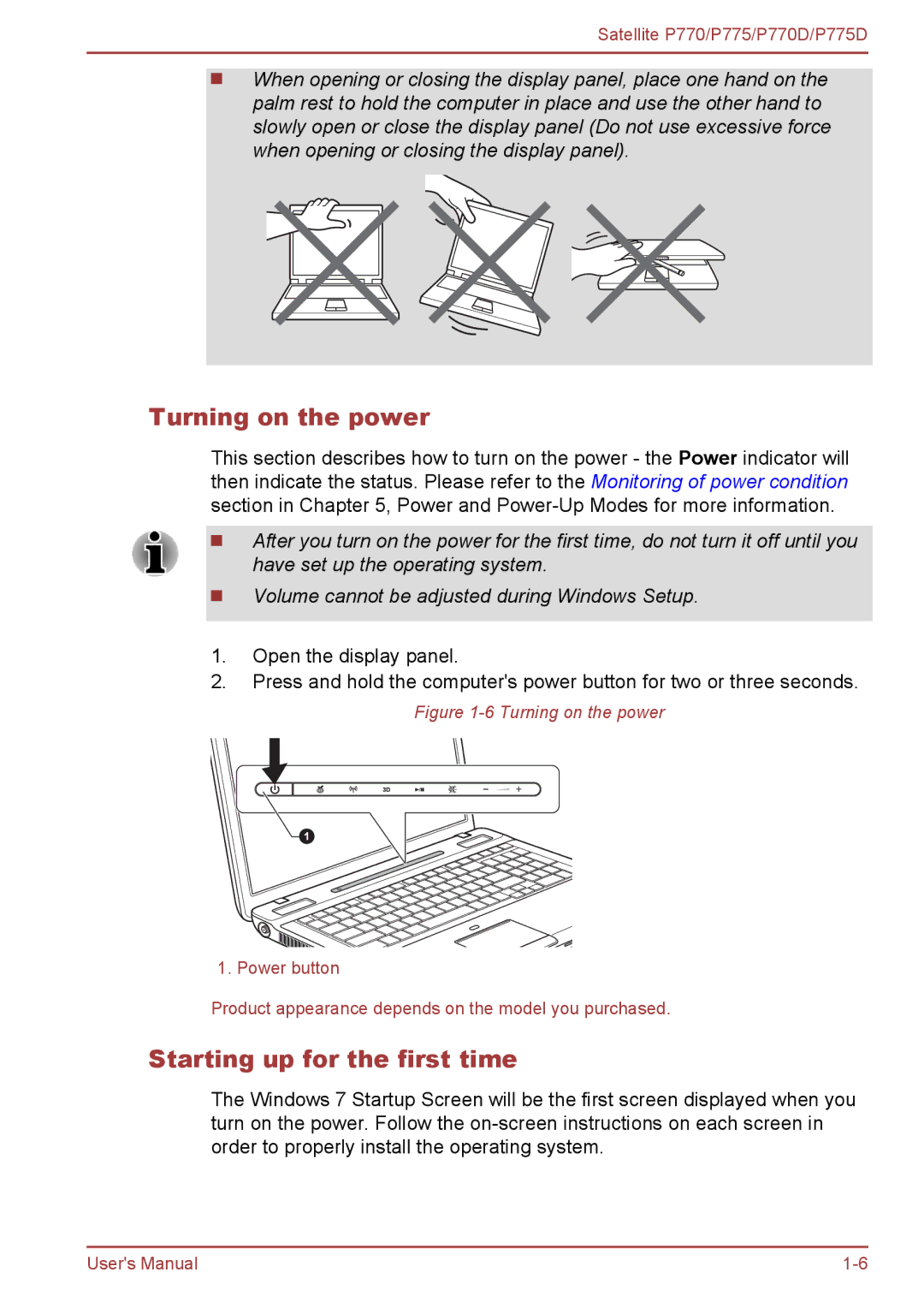 Toshiba P770 user manual Turning on the power, Starting up for the first time 