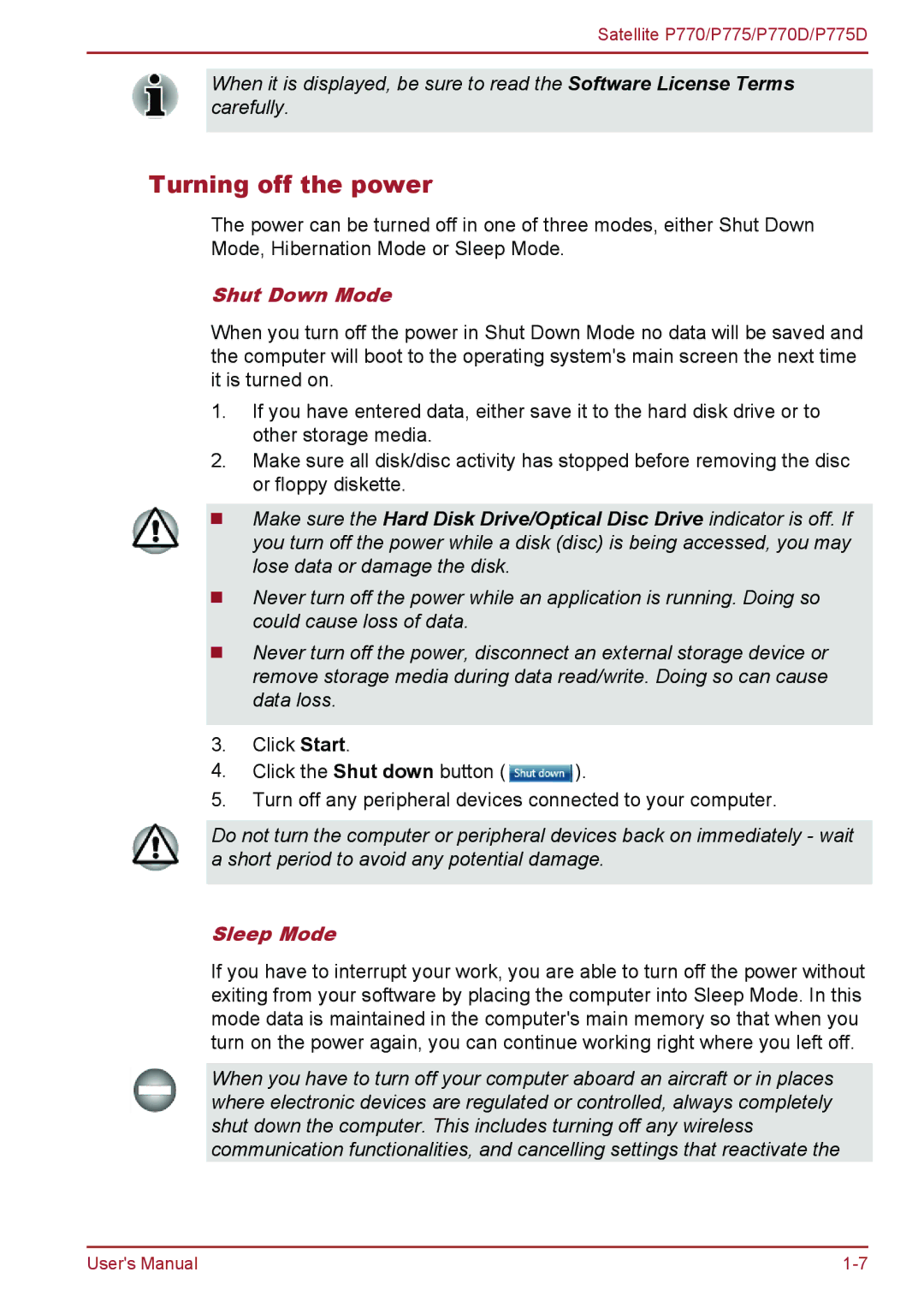 Toshiba P770 user manual Turning off the power, Shut Down Mode, Sleep Mode 