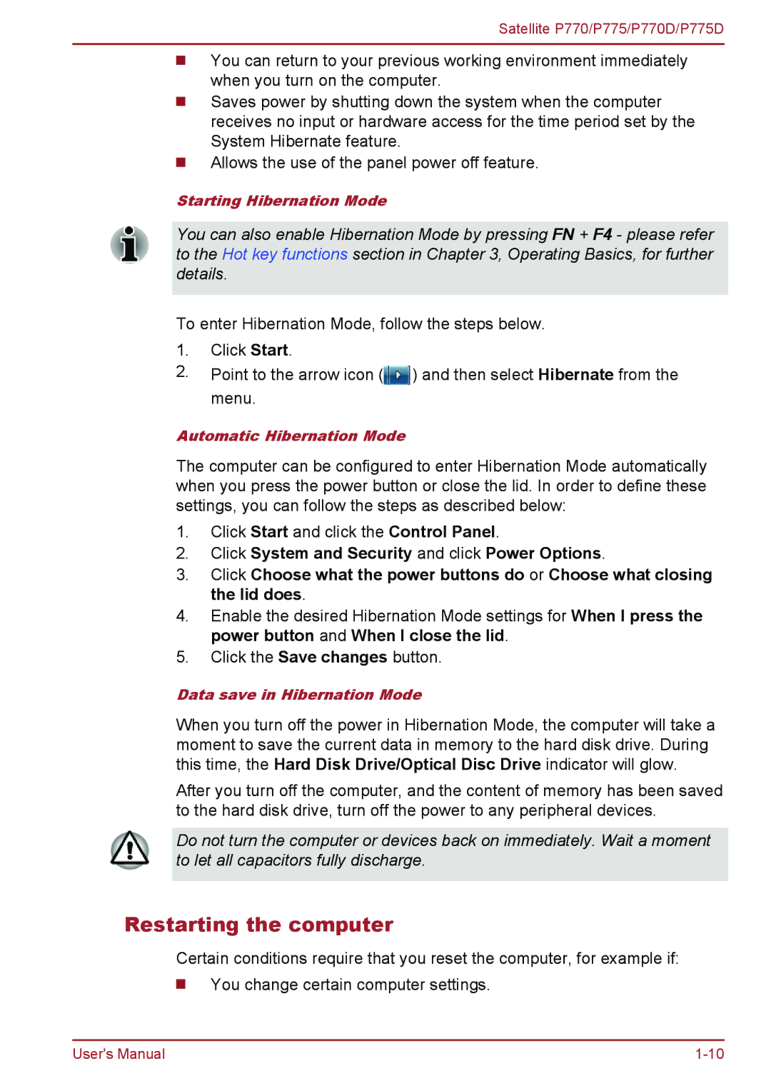 Toshiba P770 user manual Restarting the computer, Data save in Hibernation Mode 