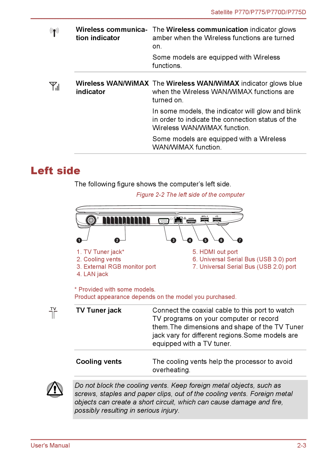 Toshiba P770 user manual Left side, TV Tuner jack, Cooling vents 