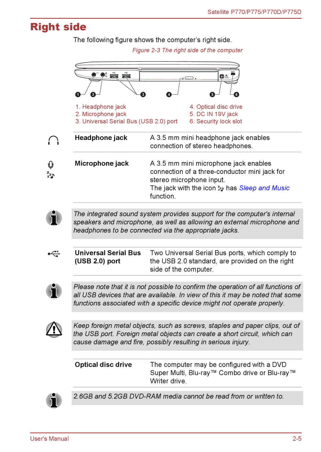 Toshiba P770 user manual Right side, Following figure shows the computer’s right side 