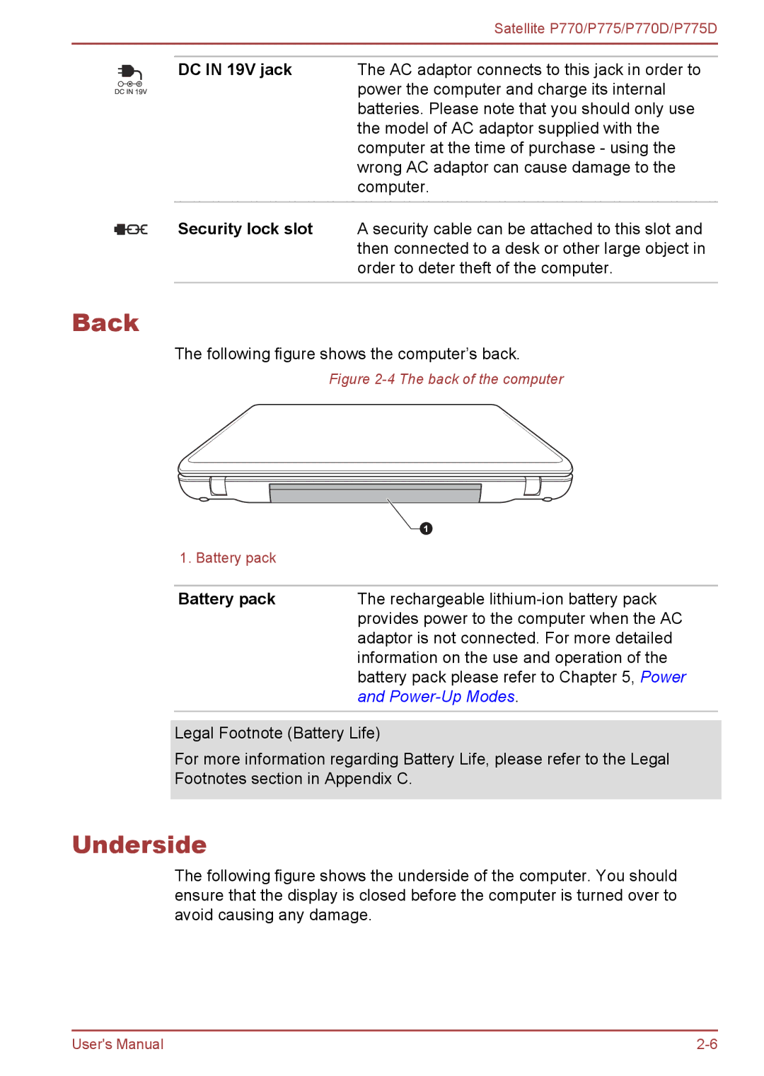 Toshiba P770 user manual Back, Underside, DC in 19V jack, Security lock slot, Battery pack 