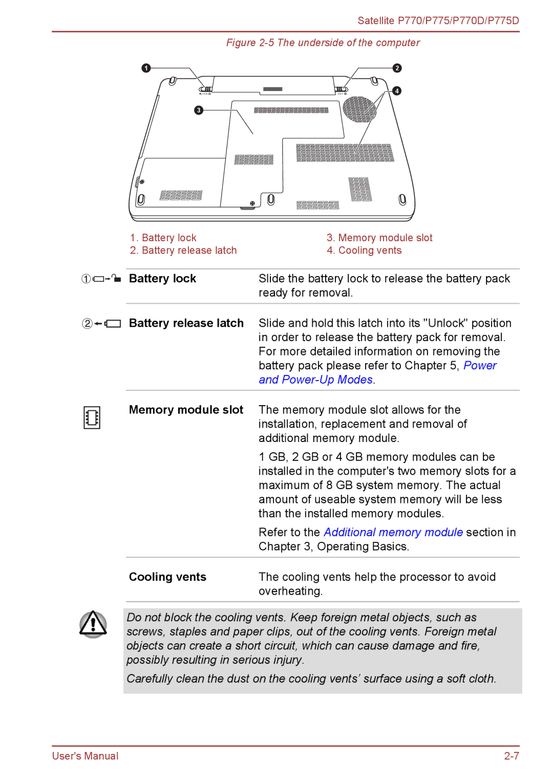 Toshiba P770 user manual Battery lock 