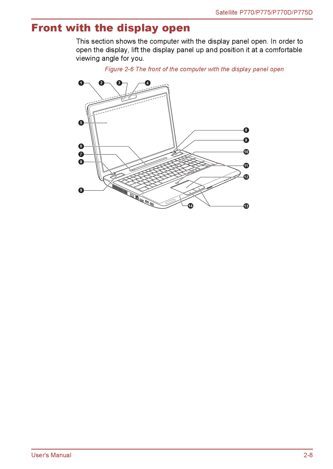 Toshiba P770 user manual Front with the display open, Front of the computer with the display panel open 