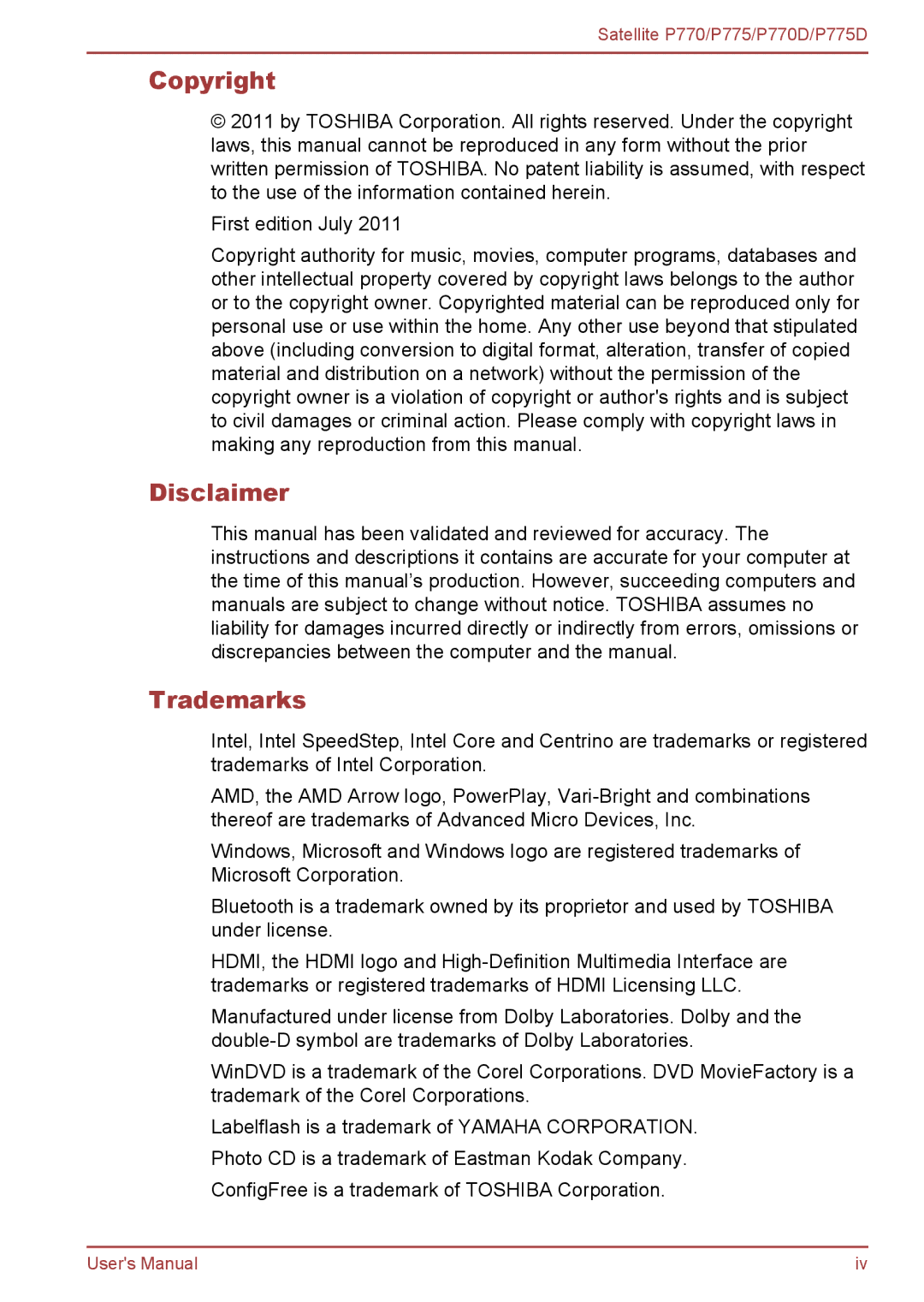 Toshiba P770 user manual Copyright, Disclaimer, Trademarks 