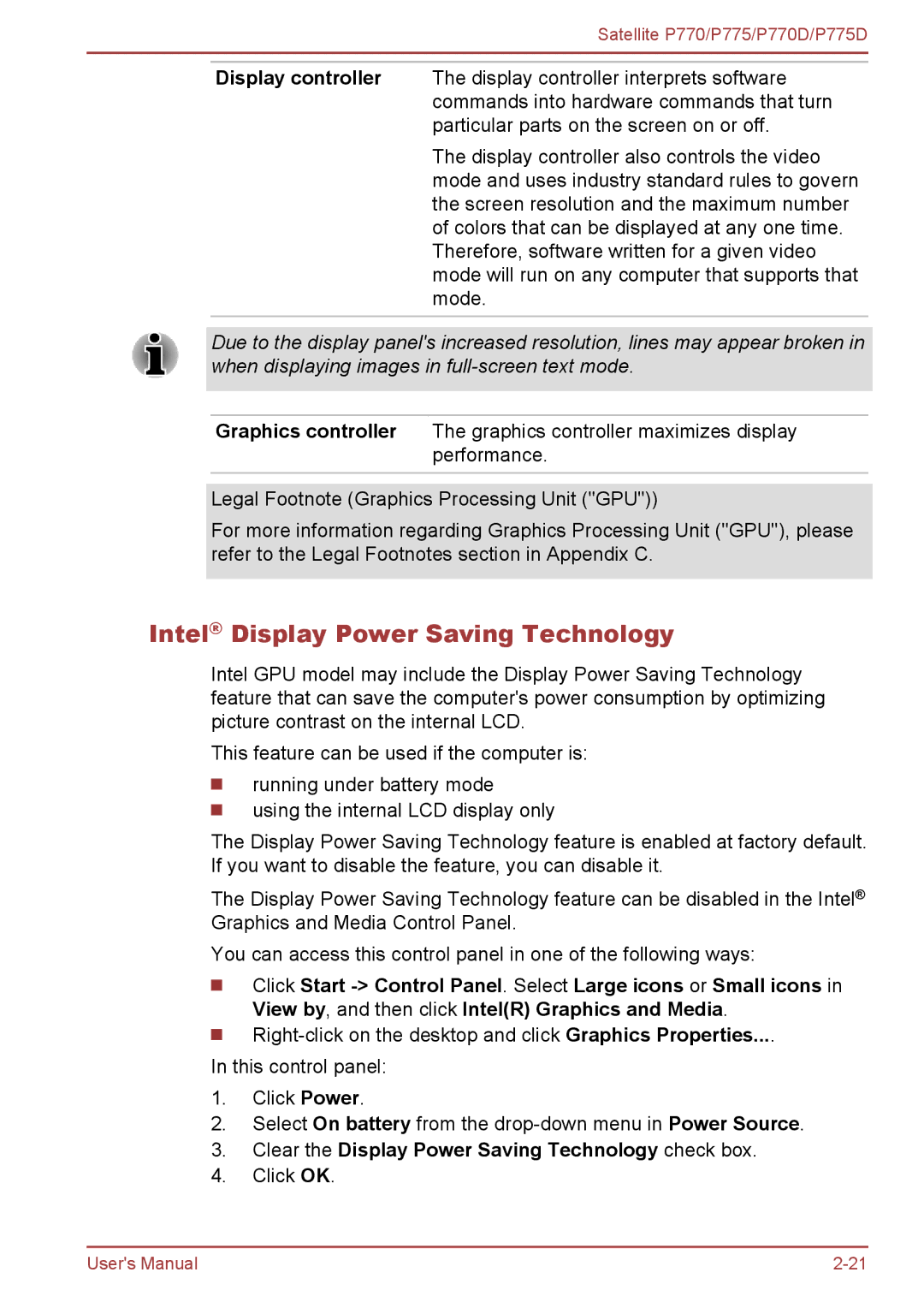 Toshiba P770 user manual Intel Display Power Saving Technology, Clear the Display Power Saving Technology check box 