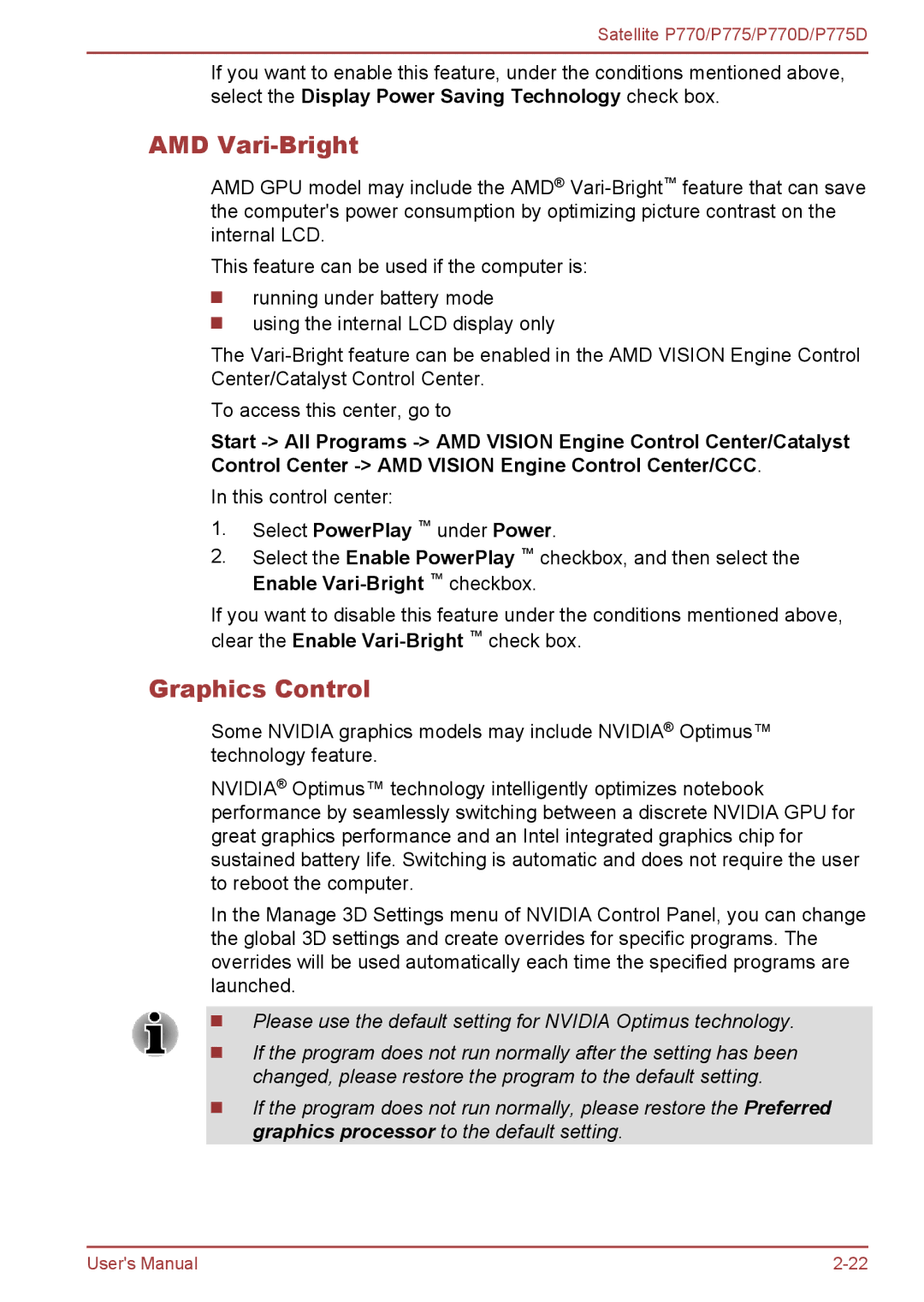 Toshiba P770 user manual AMD Vari-Bright, Graphics Control, Select PowerPlay under Power 