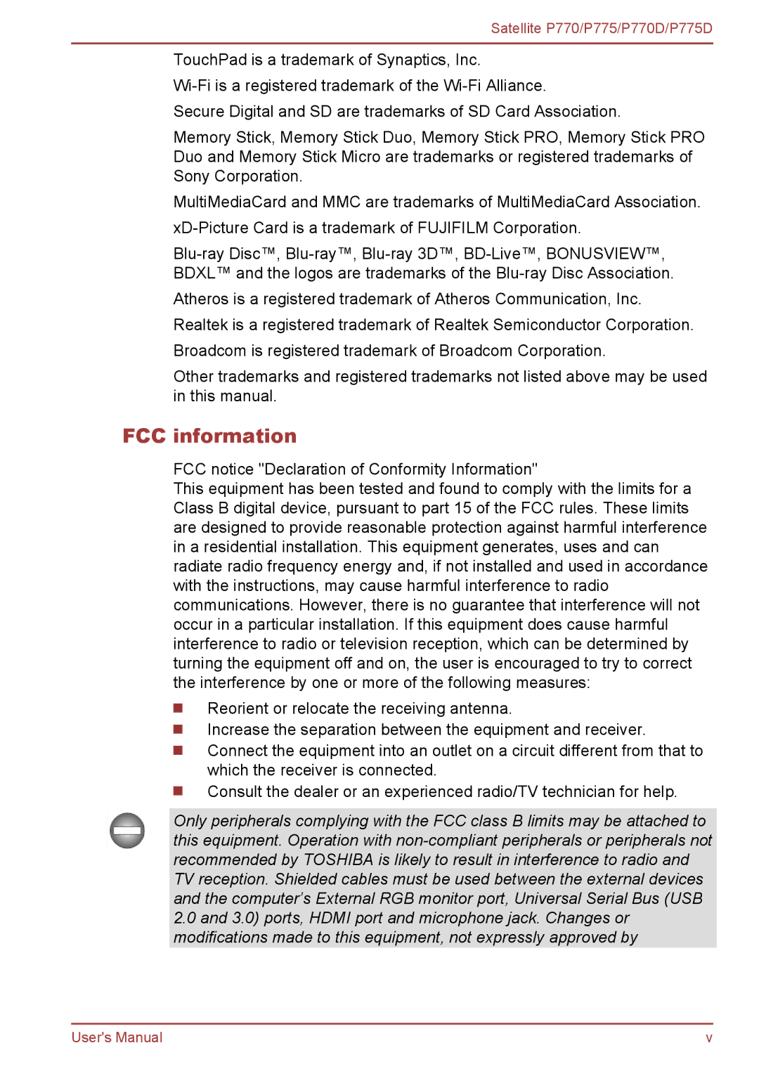 Toshiba P770 user manual FCC information 