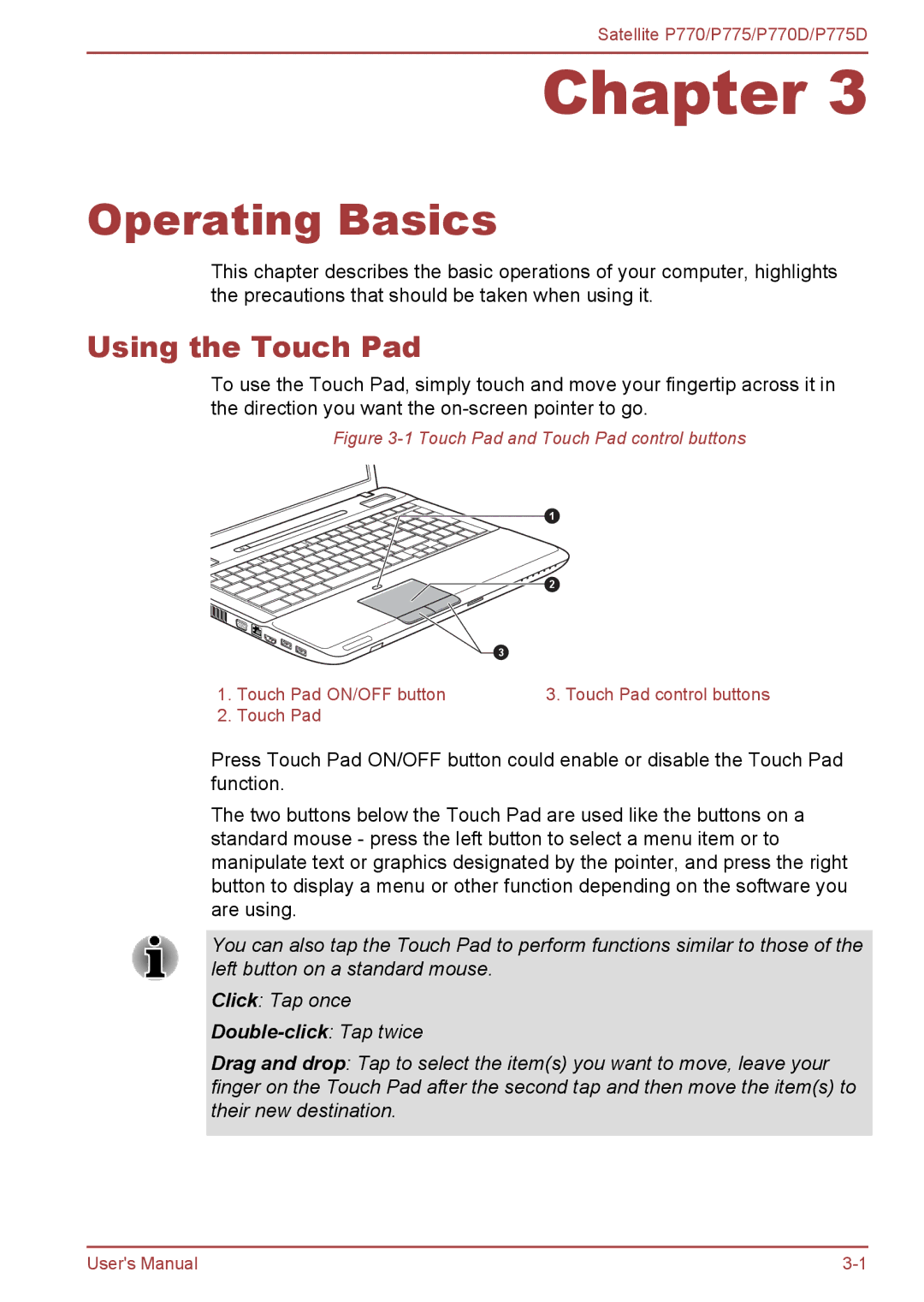 Toshiba P770 user manual Operating Basics, Using the Touch Pad 