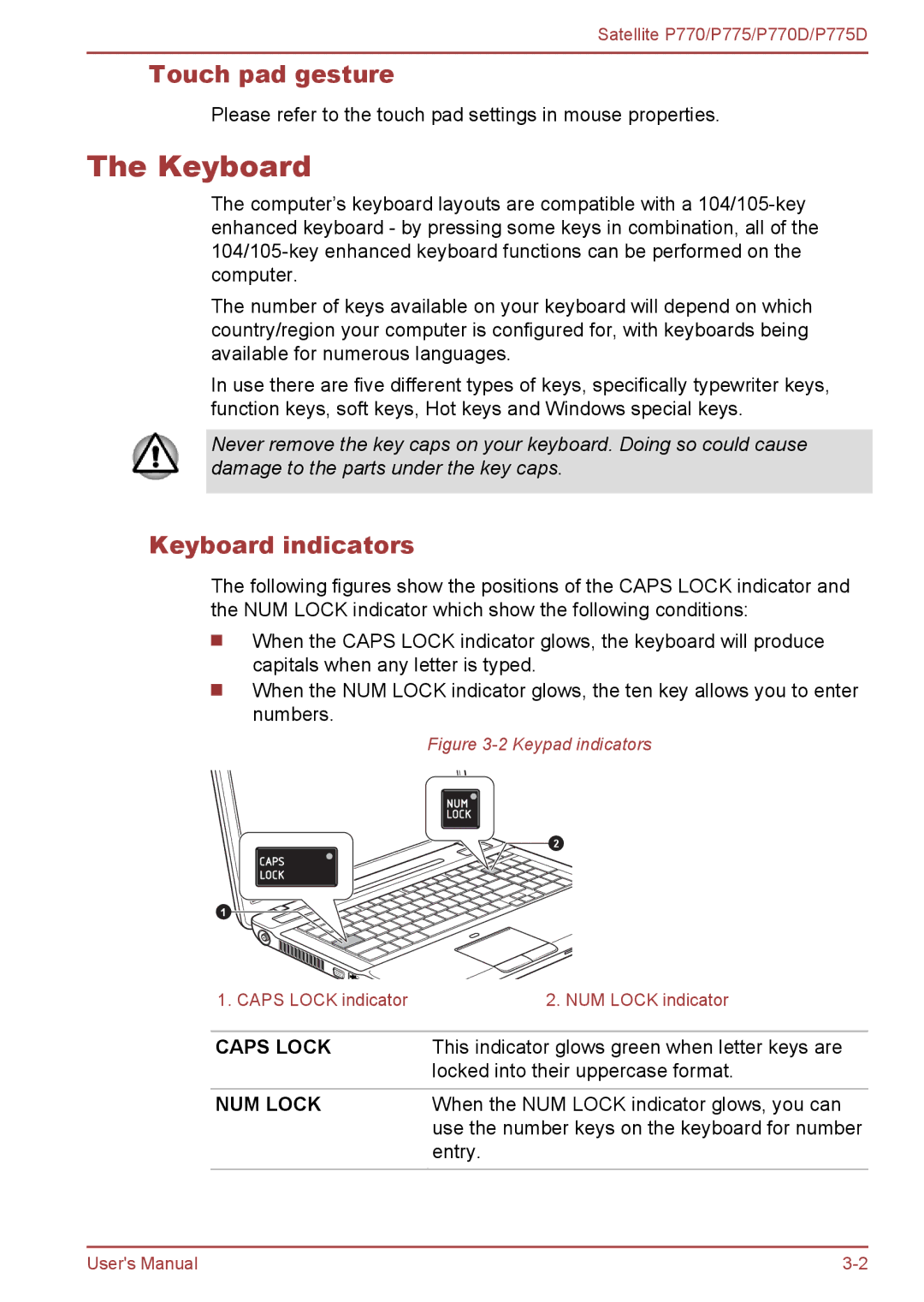 Toshiba P770 user manual Touch pad gesture, Keyboard indicators 