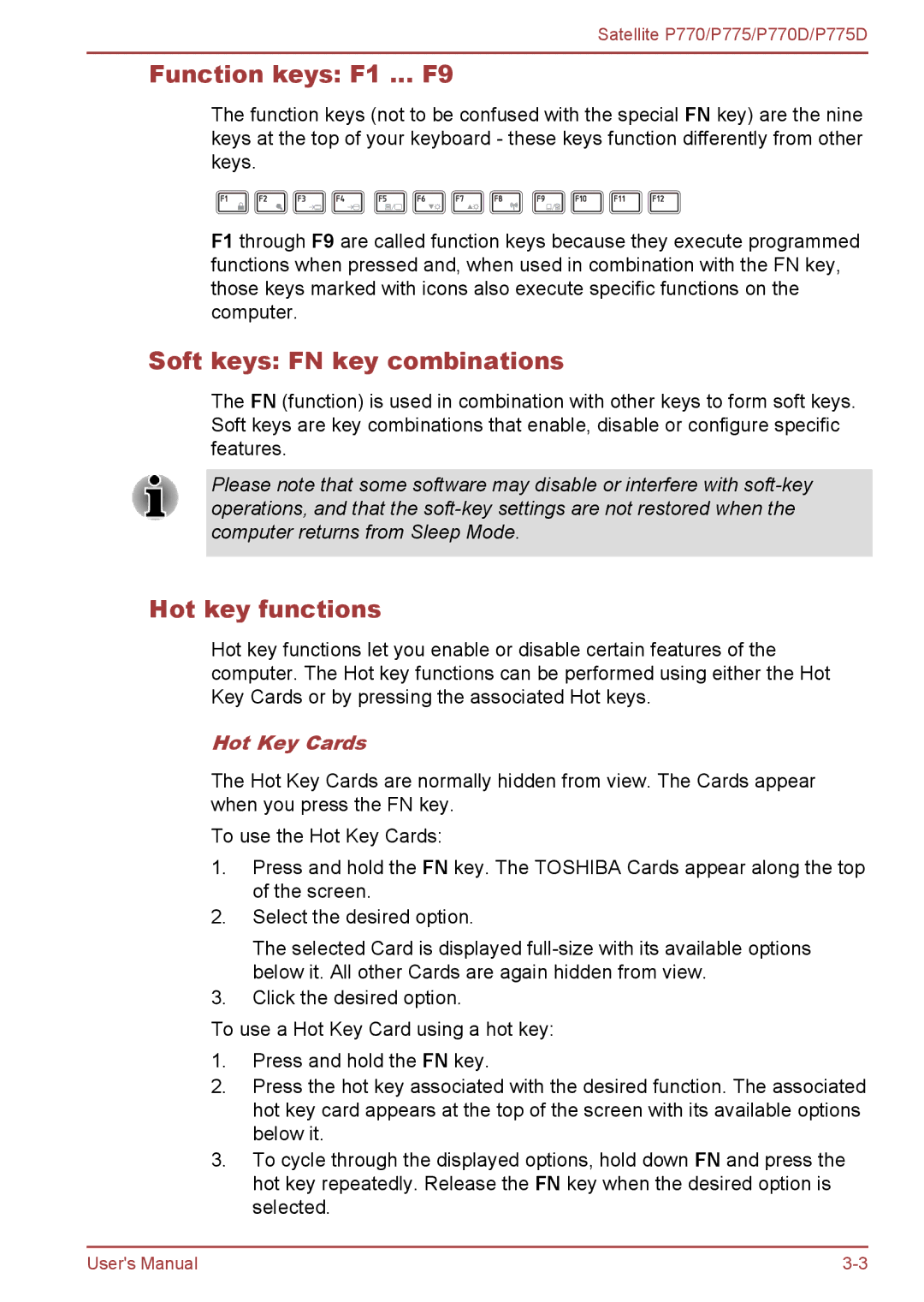 Toshiba P770 user manual Function keys F1 … F9, Soft keys FN key combinations, Hot key functions, Hot Key Cards 