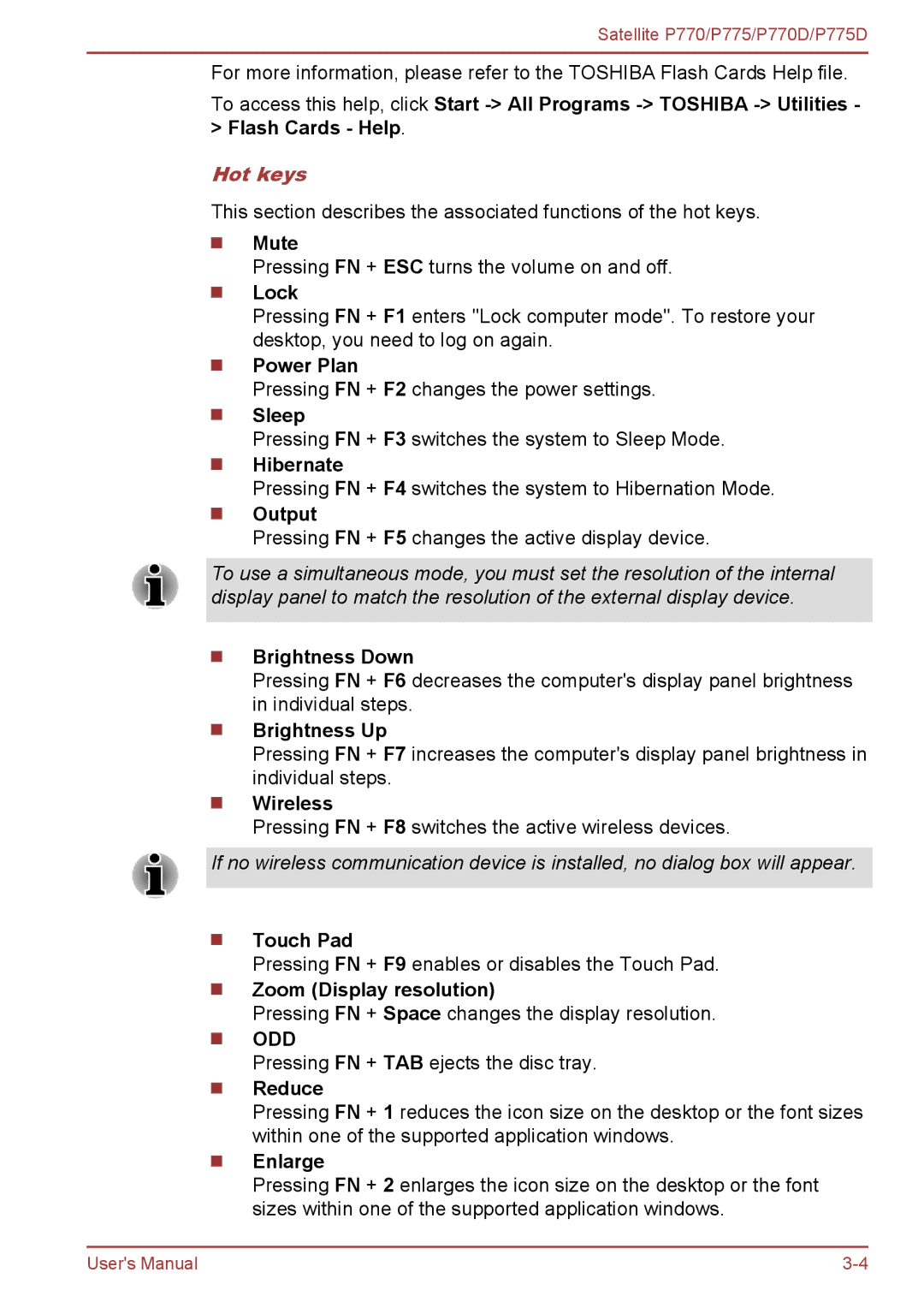 Toshiba P770 user manual Hot keys 