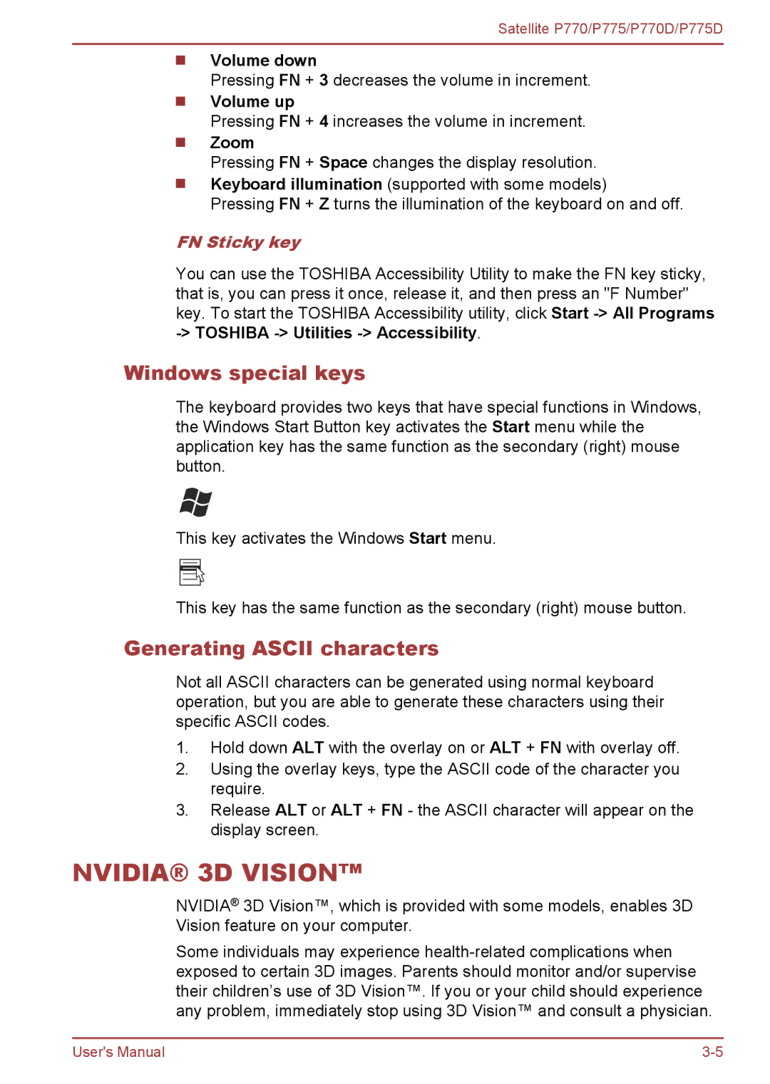 Toshiba P770 user manual Windows special keys, Generating Ascii characters, FN Sticky key 