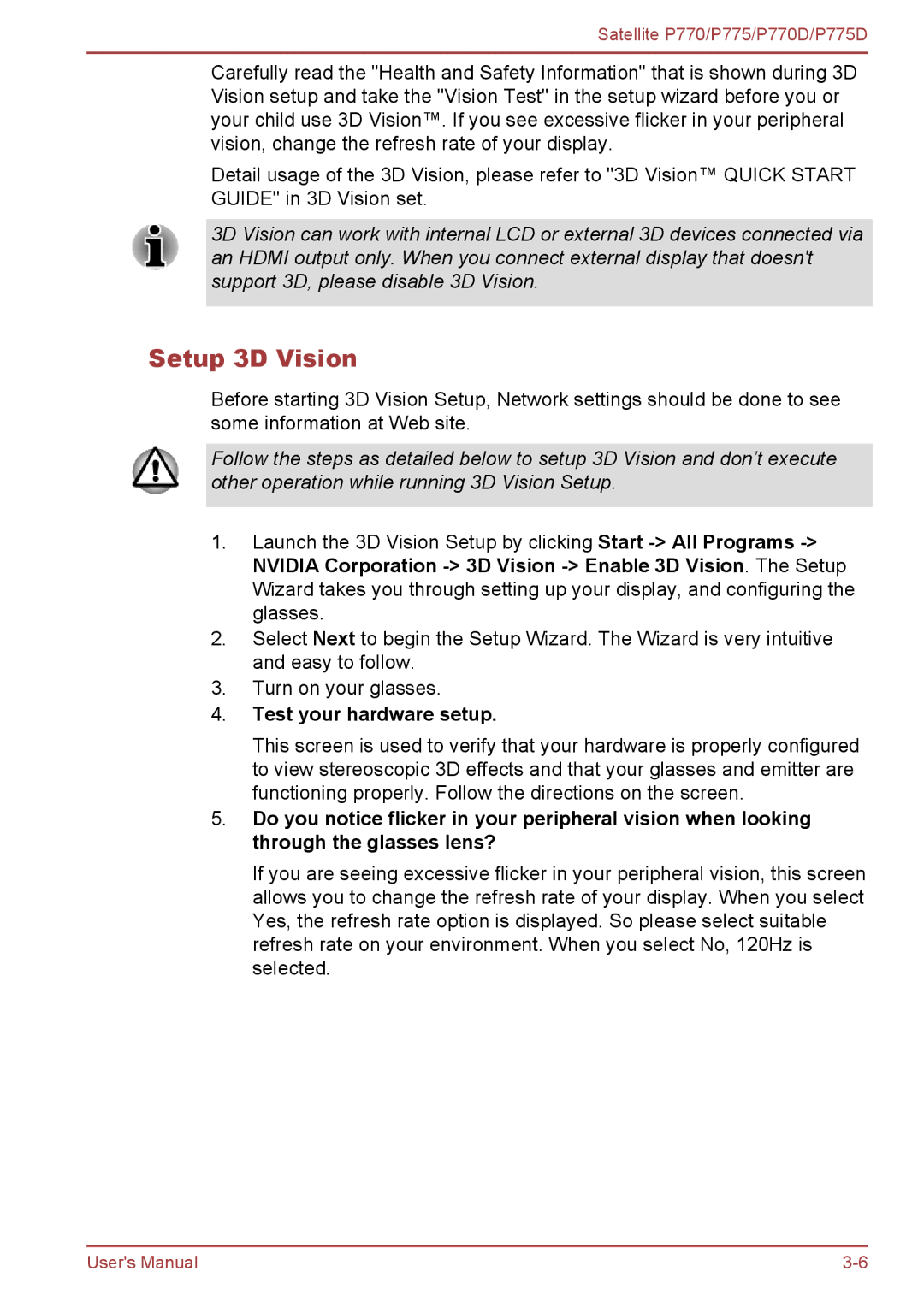 Toshiba P770 user manual Setup 3D Vision, Test your hardware setup 