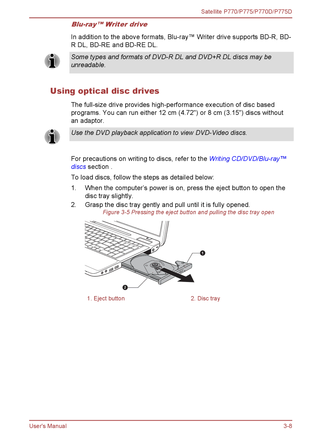 Toshiba P770 user manual Using optical disc drives, Blu-ray Writer drive 