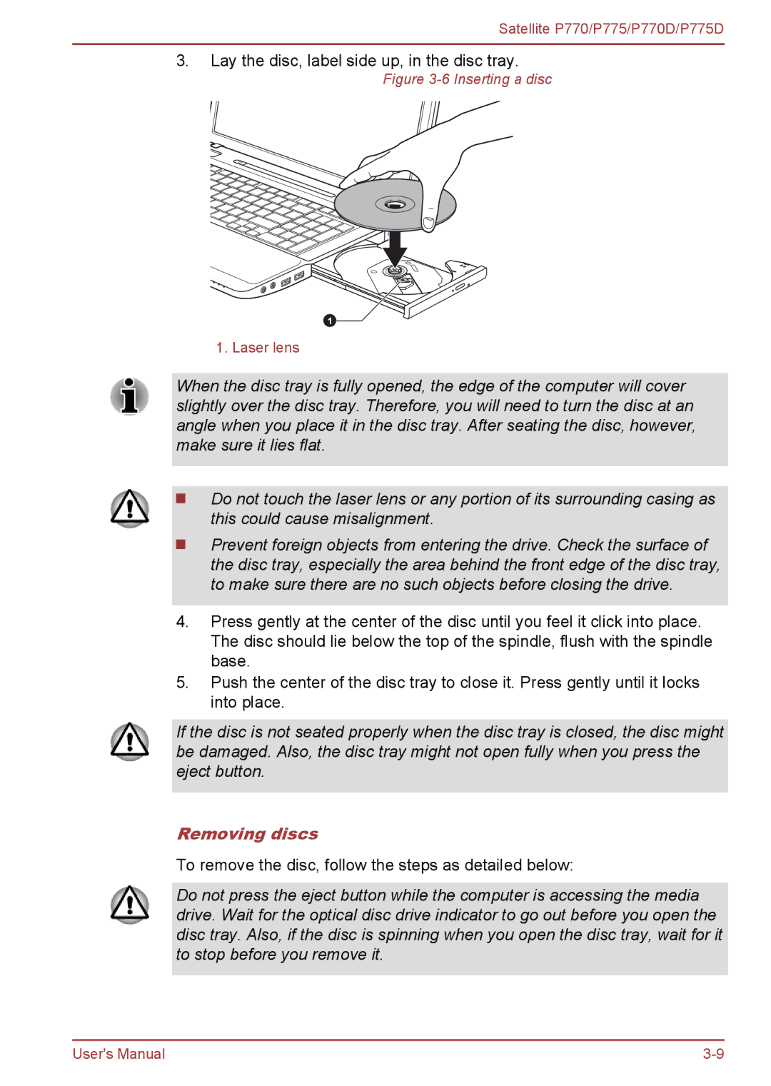 Toshiba P770 user manual Removing discs, Inserting a disc 