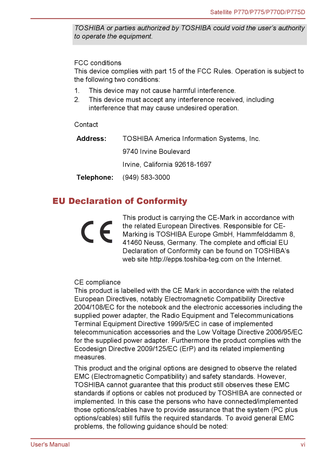 Toshiba P770 user manual EU Declaration of Conformity 