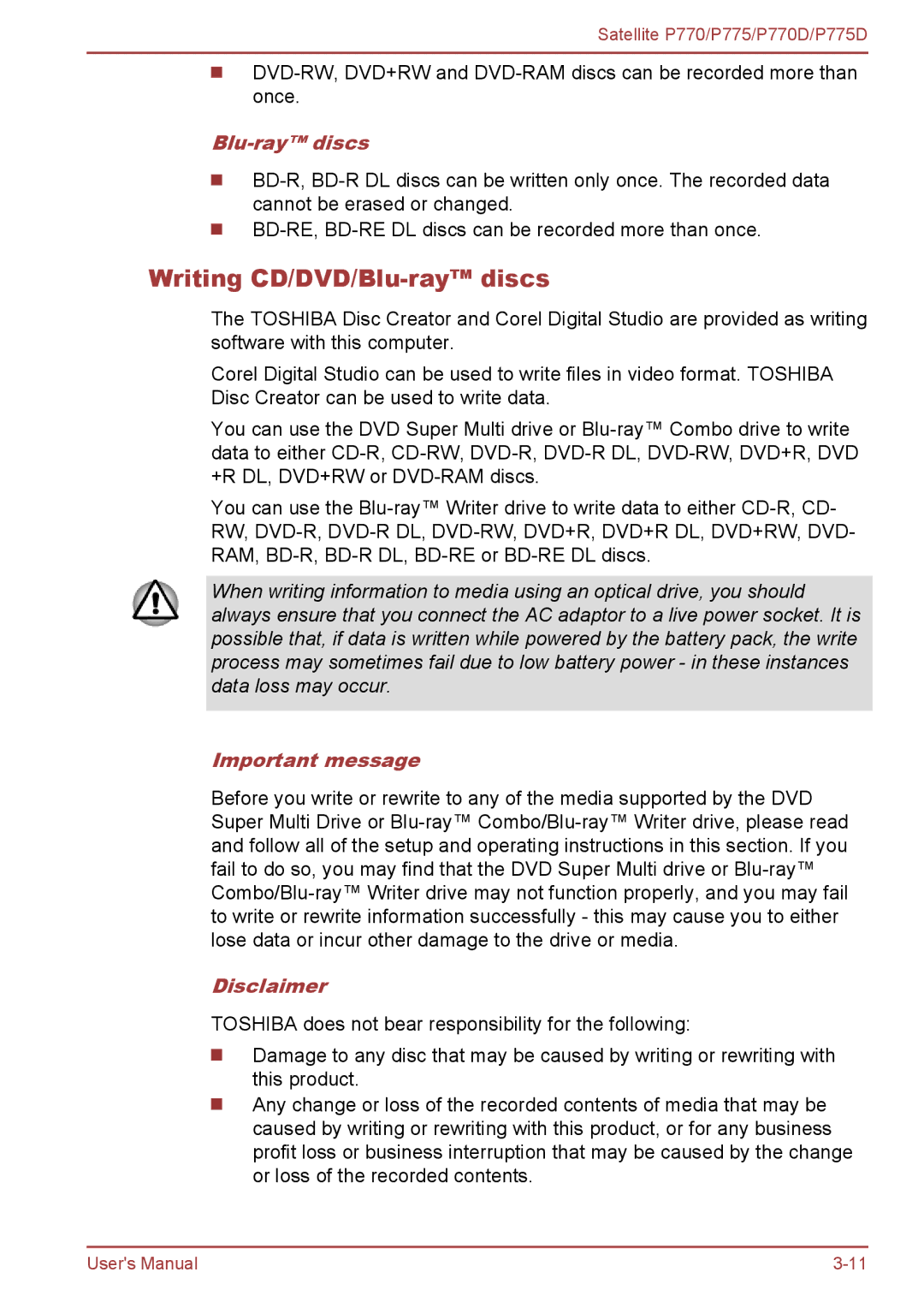 Toshiba P770 user manual Writing CD/DVD/Blu-ray discs, Important message, Disclaimer 