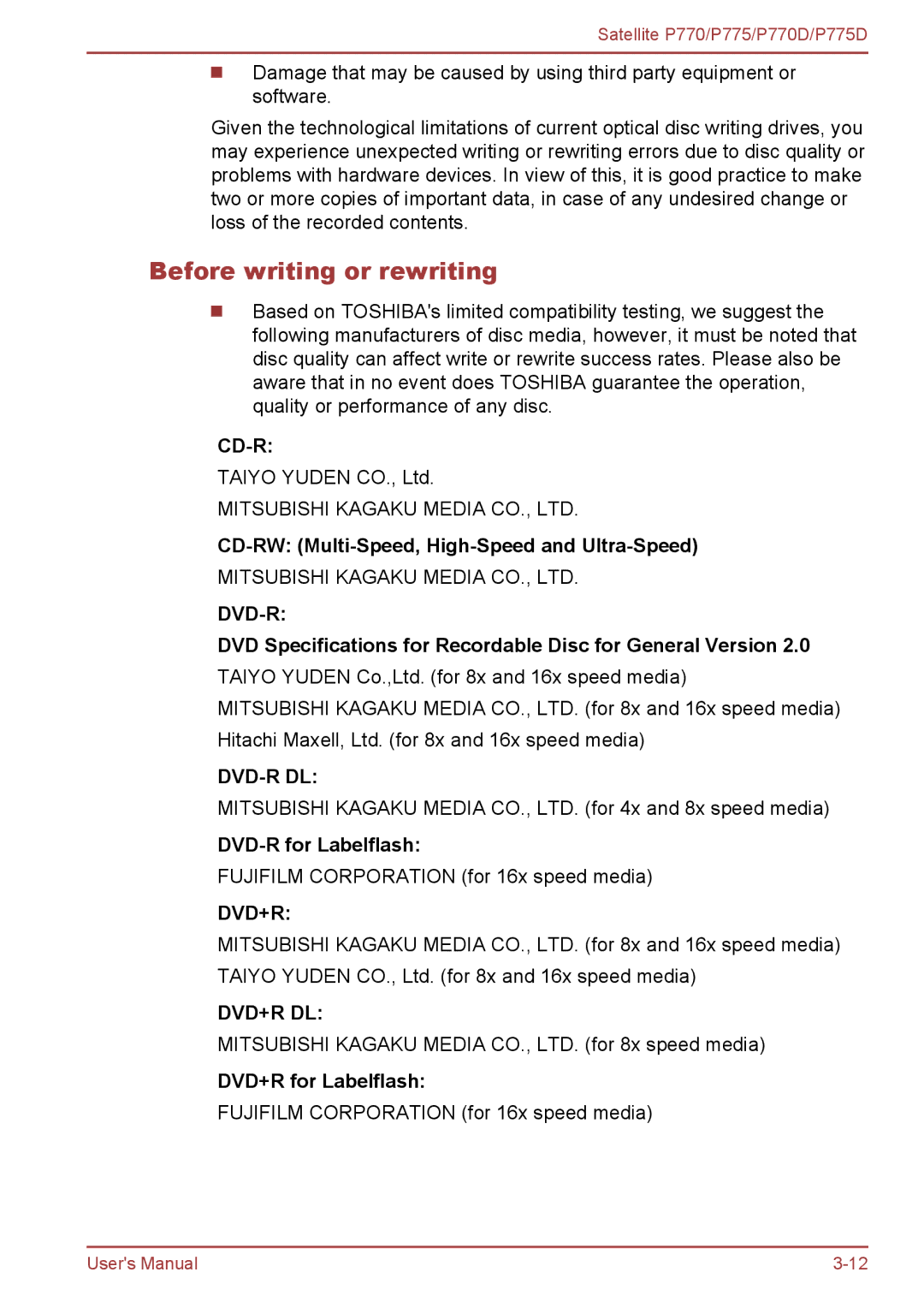 Toshiba P770 user manual Before writing or rewriting, CD-RW Multi-Speed, High-Speed and Ultra-Speed, DVD-R for Labelflash 