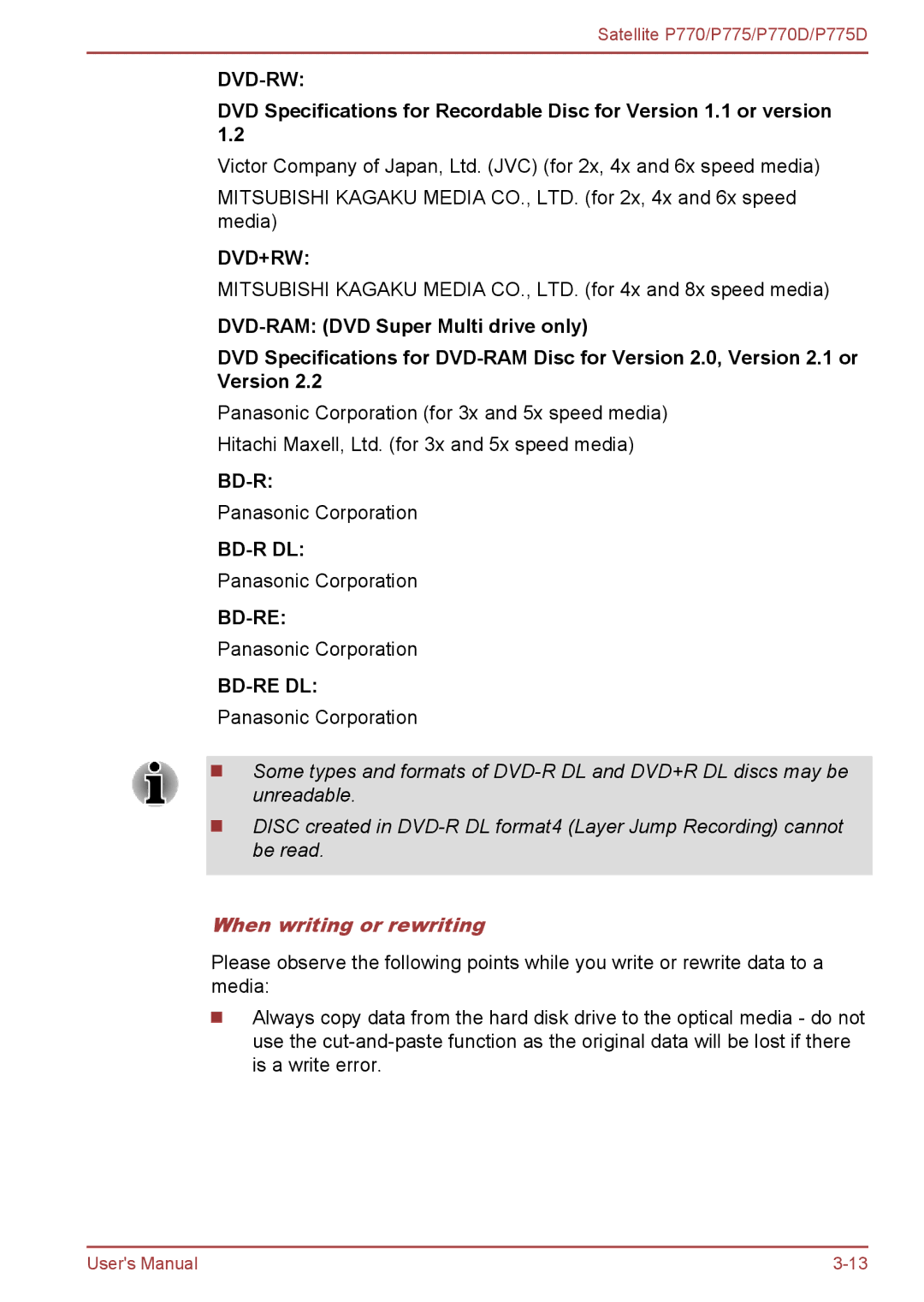 Toshiba P770 user manual Dvd+Rw, When writing or rewriting 