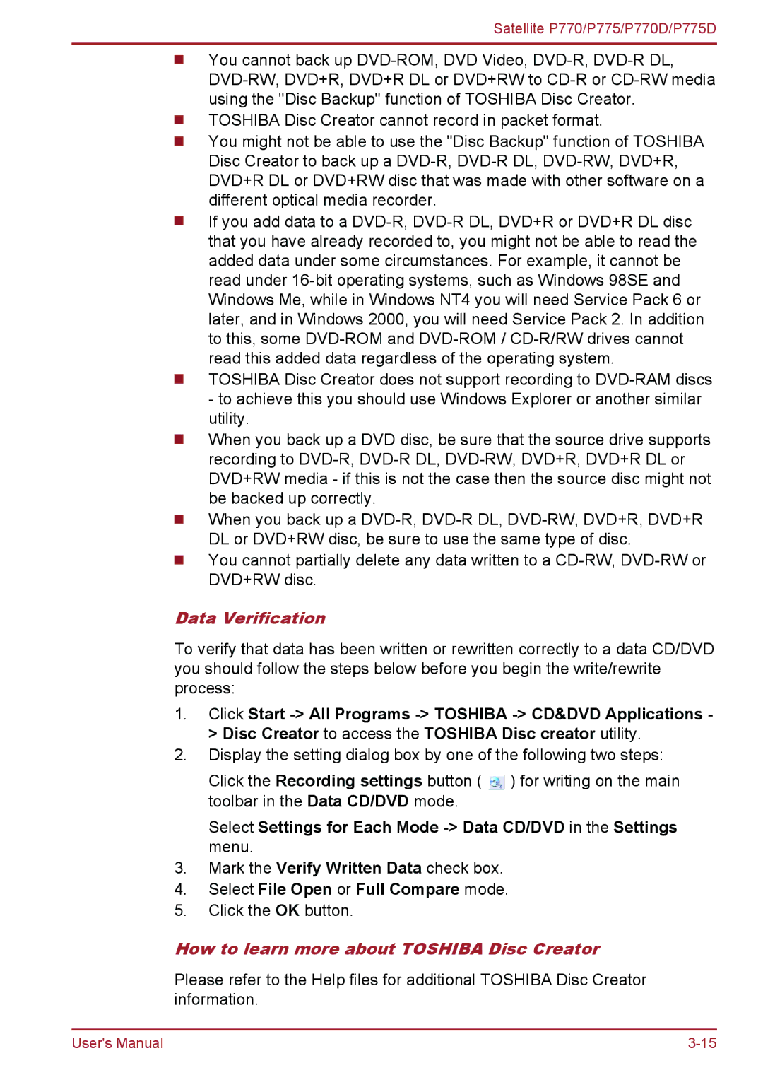 Toshiba P770 user manual Data Verification, How to learn more about Toshiba Disc Creator 