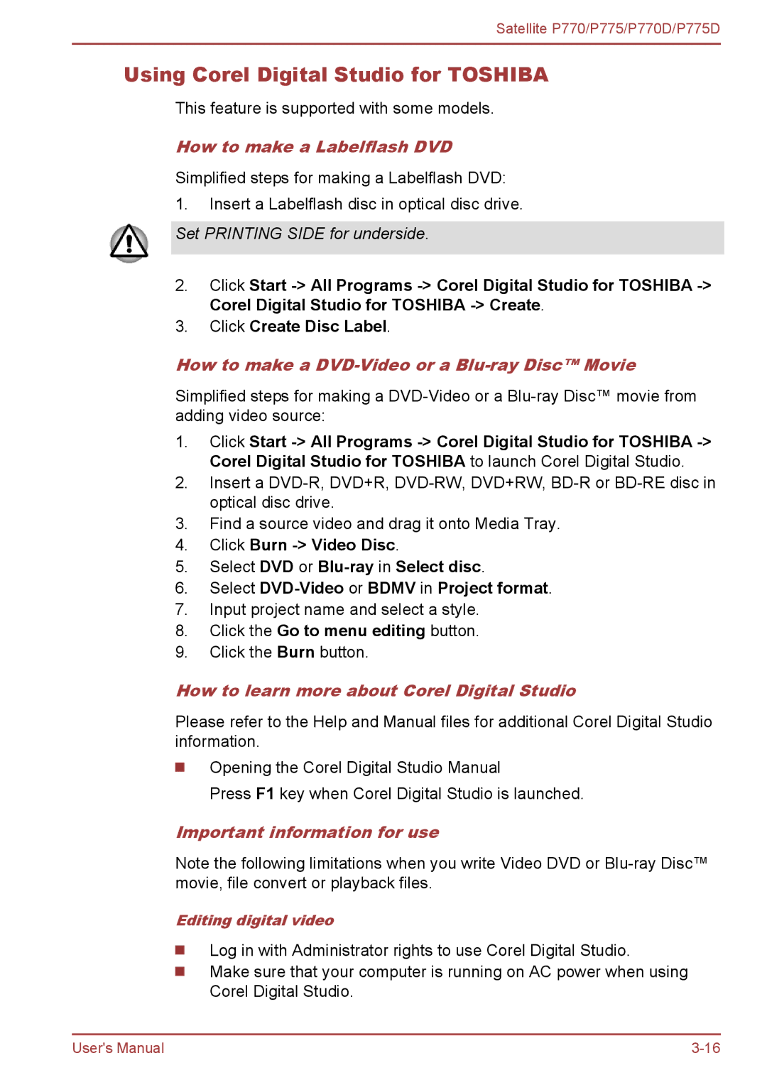 Toshiba P770 Using Corel Digital Studio for Toshiba, How to make a Labelflash DVD, Important information for use 