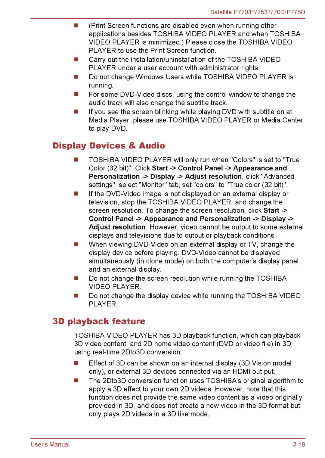 Toshiba P770 user manual Display Devices & Audio, 3D playback feature 