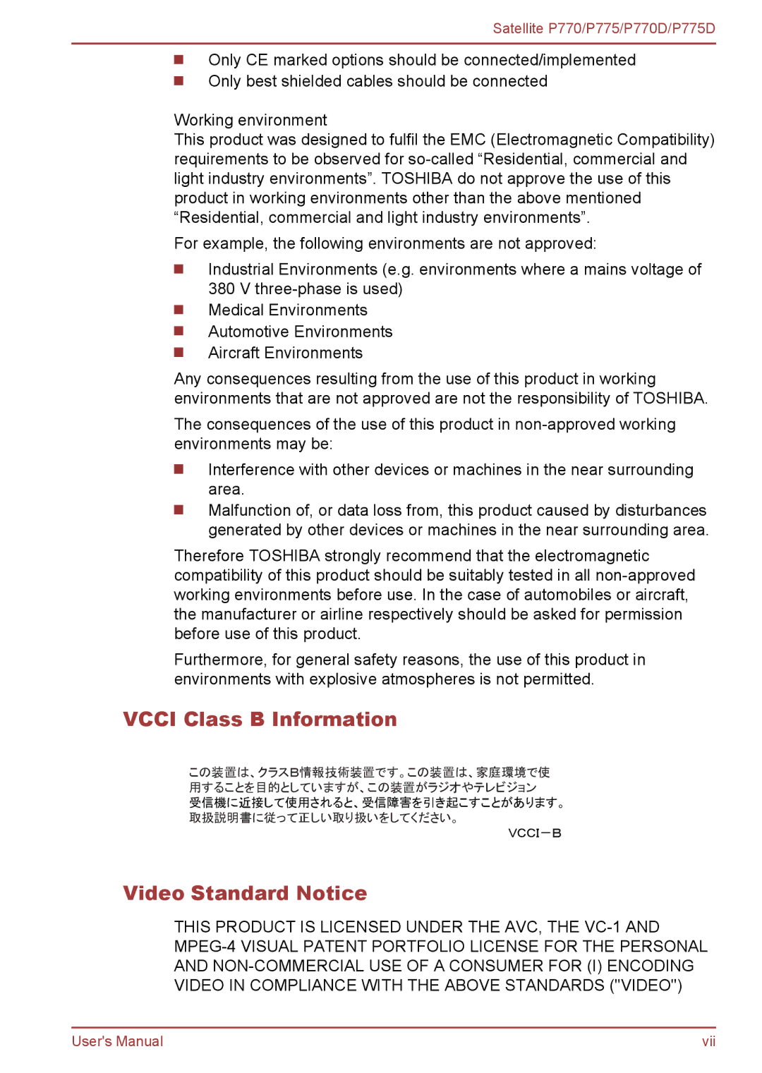 Toshiba P770 user manual Vcci Class B Information, Video Standard Notice 