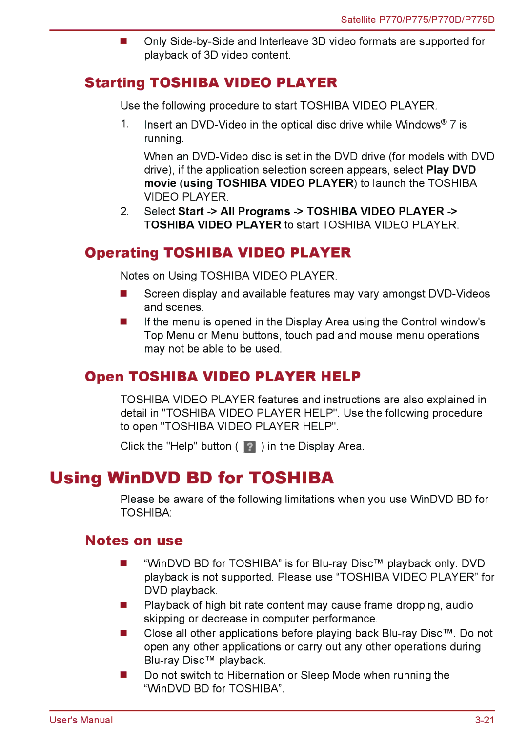 Toshiba P770 user manual Using WinDVD BD for Toshiba, Starting Toshiba Video Player, Operating Toshiba Video Player 