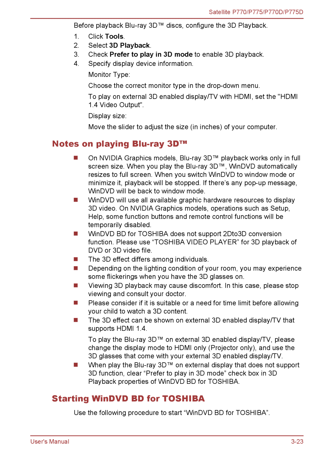 Toshiba P770 user manual Starting WinDVD BD for Toshiba, Select 3D Playback 