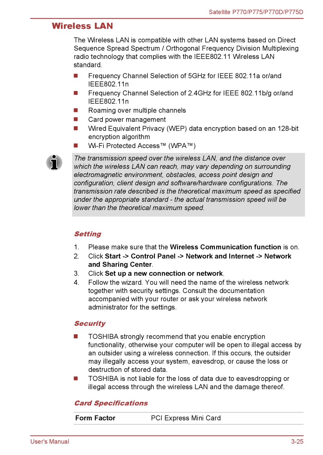 Toshiba P770 user manual Wireless LAN, Setting, Security, Card Specifications, Form Factor PCI Express Mini Card 