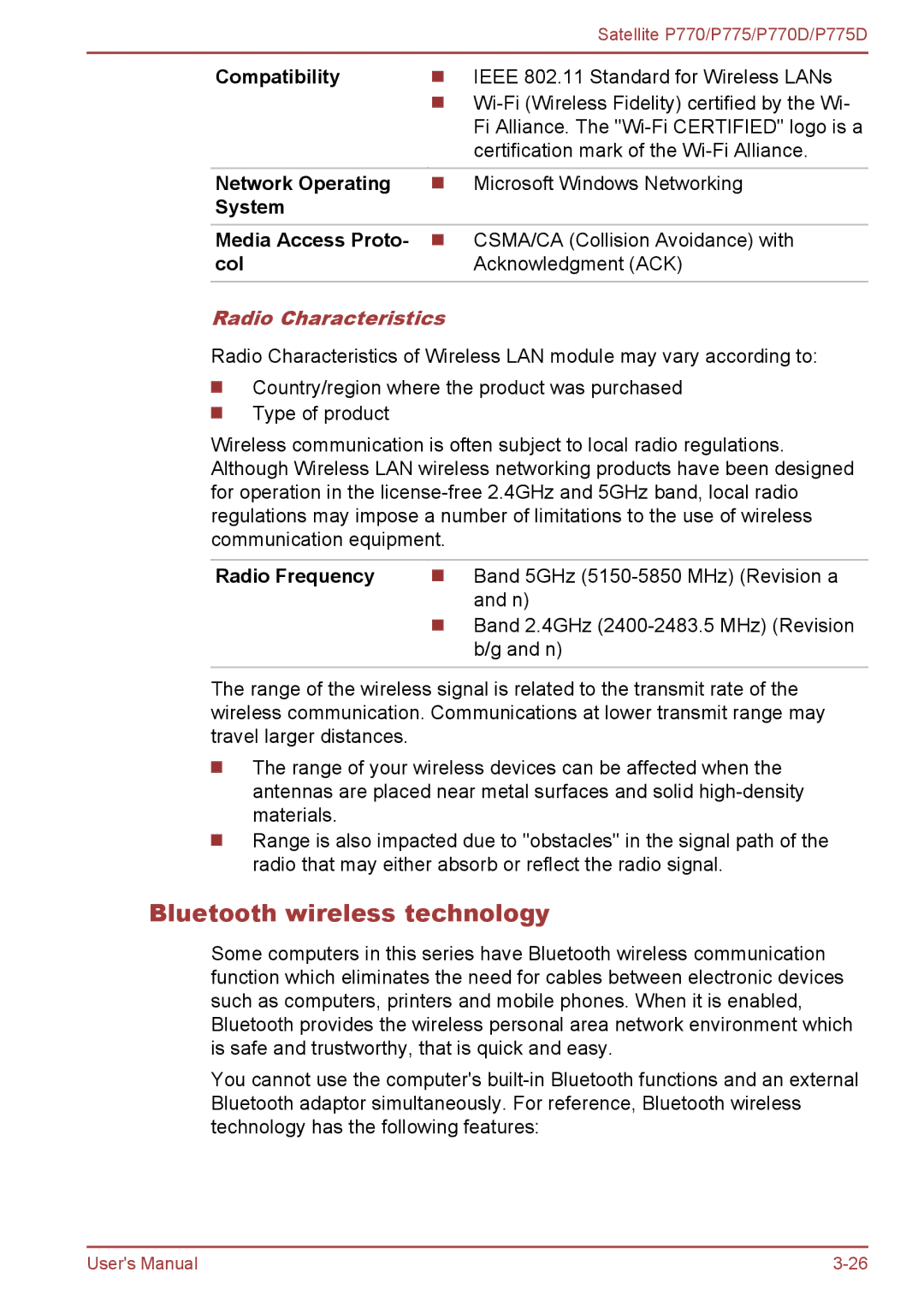 Toshiba P770 user manual Bluetooth wireless technology, Radio Characteristics 