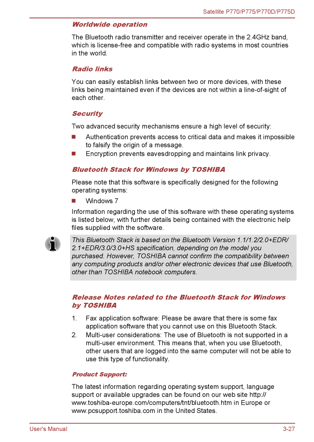 Toshiba P770 user manual Worldwide operation, Radio links, Bluetooth Stack for Windows by Toshiba 