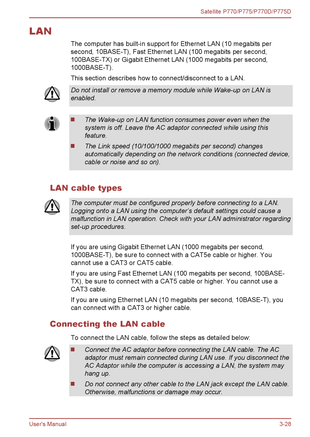 Toshiba P770 user manual LAN cable types, Connecting the LAN cable 