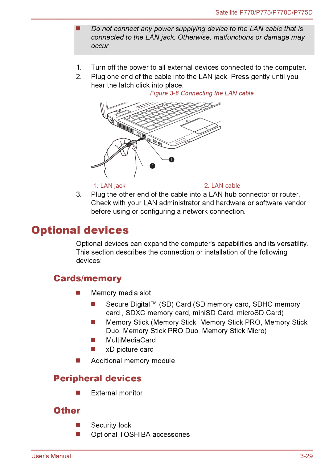 Toshiba P770 user manual Optional devices, Cards/memory, Peripheral devices, Other 