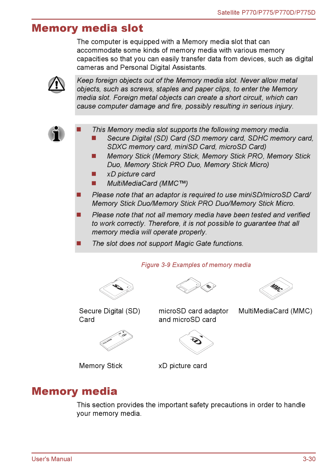 Toshiba P770 user manual Memory media slot 