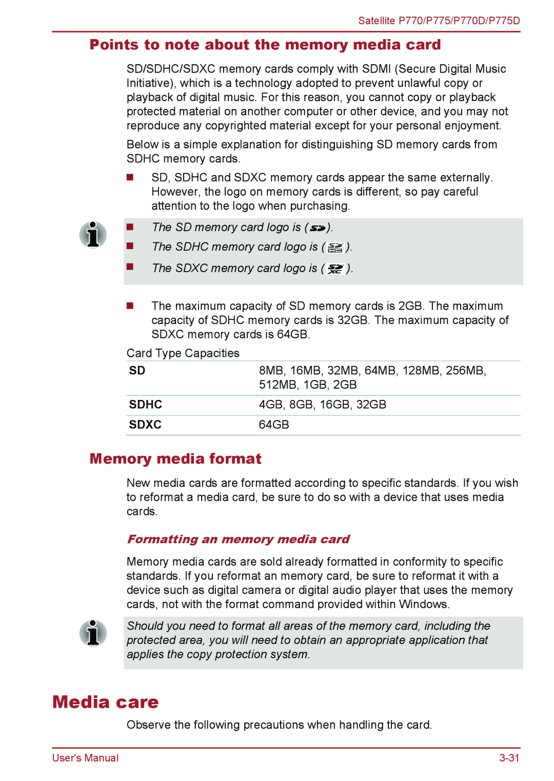 Toshiba P770 Media care, Points to note about the memory media card, Memory media format, Formatting an memory media card 