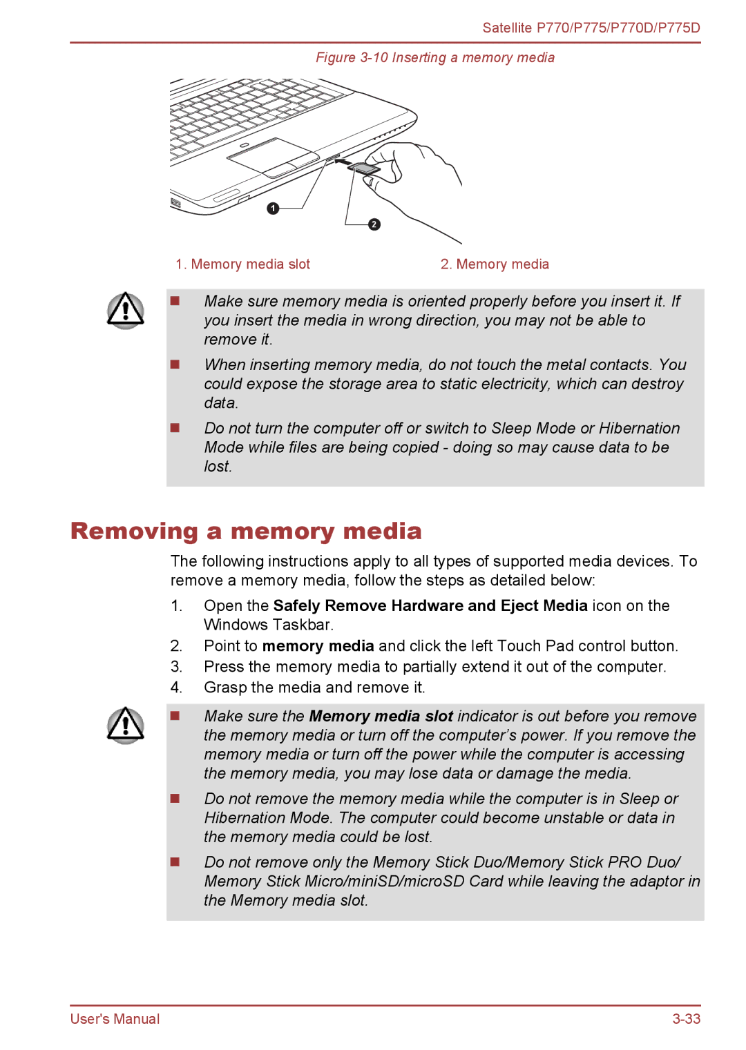 Toshiba P770 user manual Removing a memory media, Inserting a memory media 