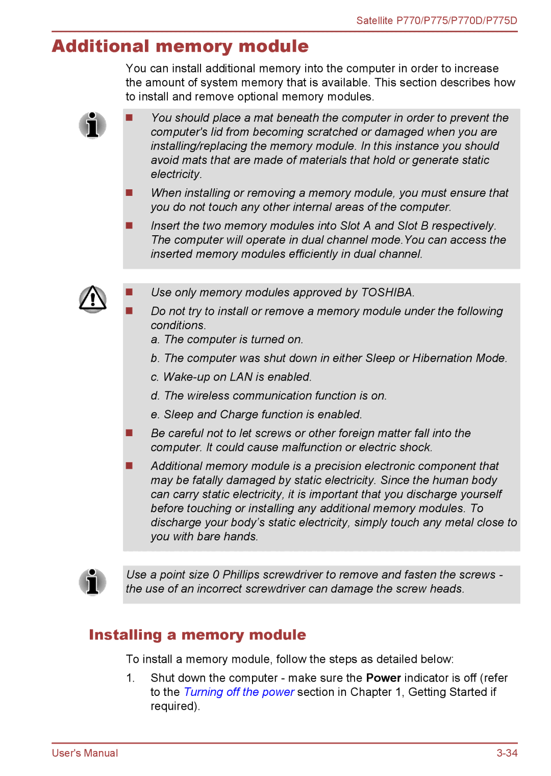 Toshiba P770 user manual Additional memory module, Installing a memory module 